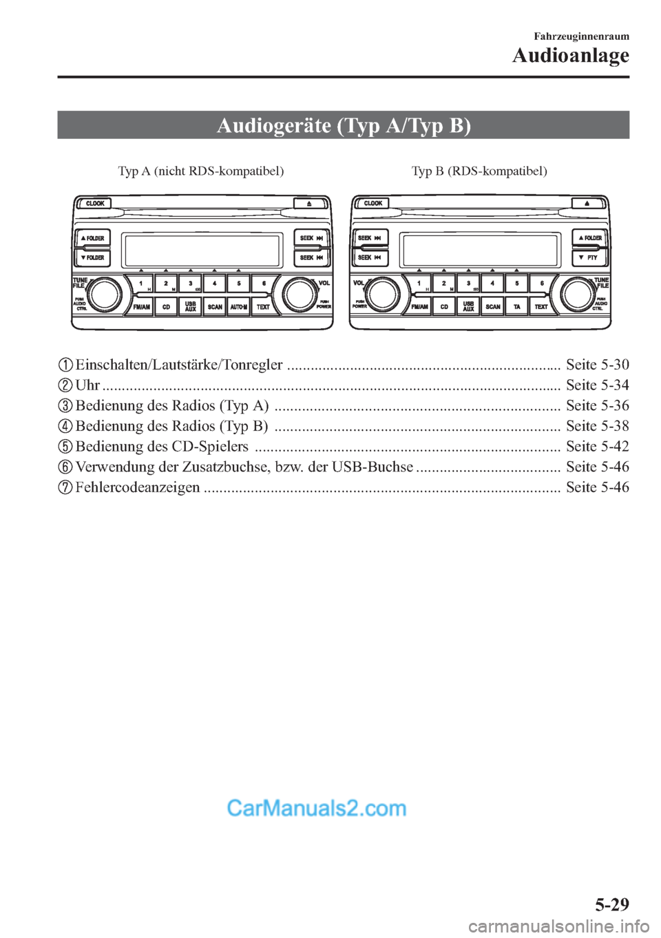 MAZDA MODEL CX-5 2015  Betriebsanleitung (in German) Audiogeräte (Typ A/Typ B)
Typ A (nicht RDS-kompatibel) Typ B (RDS-kompatibel)
Einschalten/Lautstärke/Tonregler ...................................................................... Seite 5-30
Uhr .