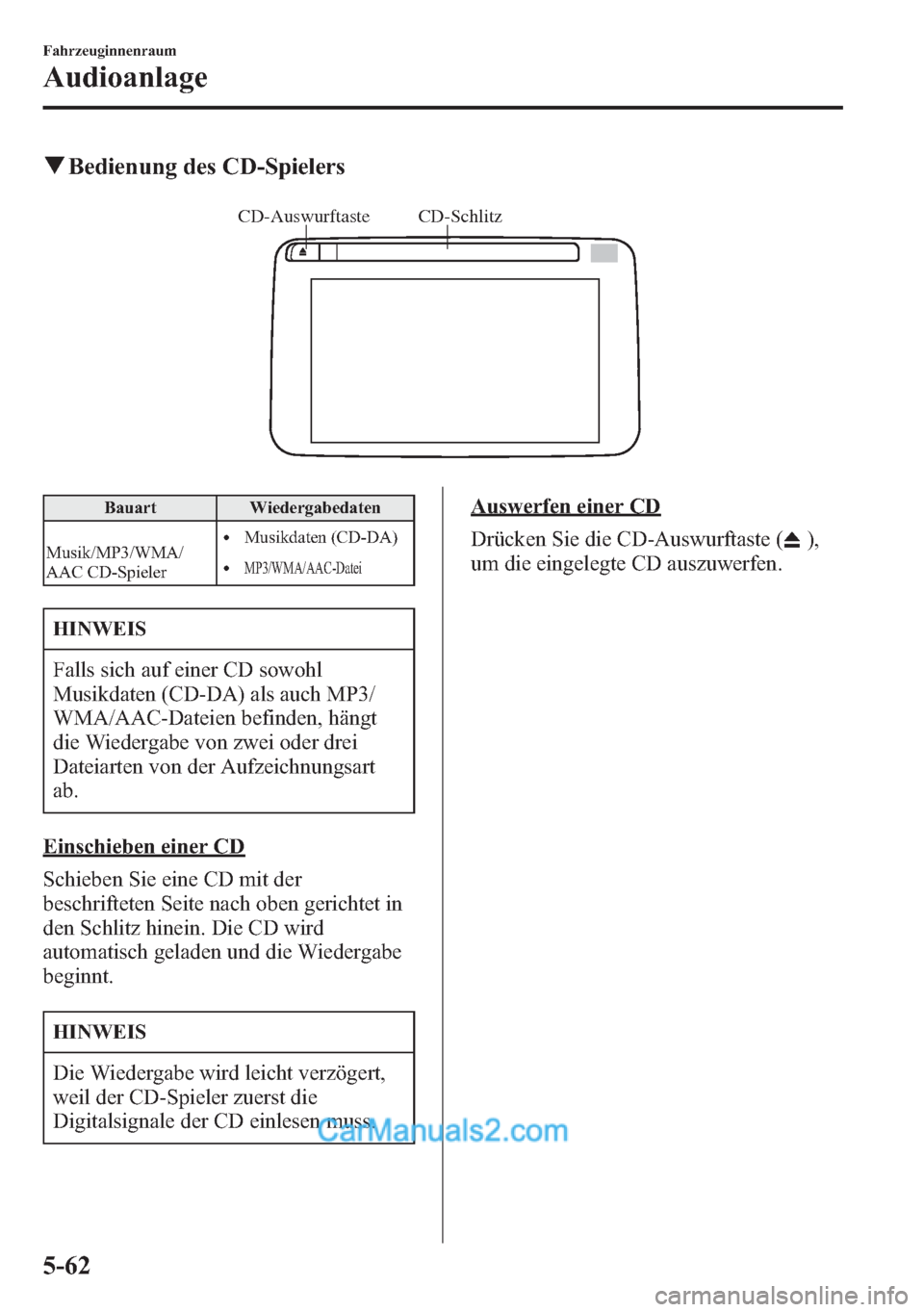 MAZDA MODEL CX-5 2015  Betriebsanleitung (in German) qBedienung des CD-Spielers
CD-Schlitz  CD-Auswurftaste
Bauart Wiedergabedaten
Musik/MP3/WMA/
AAC CD-Spieler
lMusikdaten (CD-DA)
lMP3/WMA/AAC-Datei
HINWEIS
Falls sich auf einer CD sowohl
Musikdaten (CD