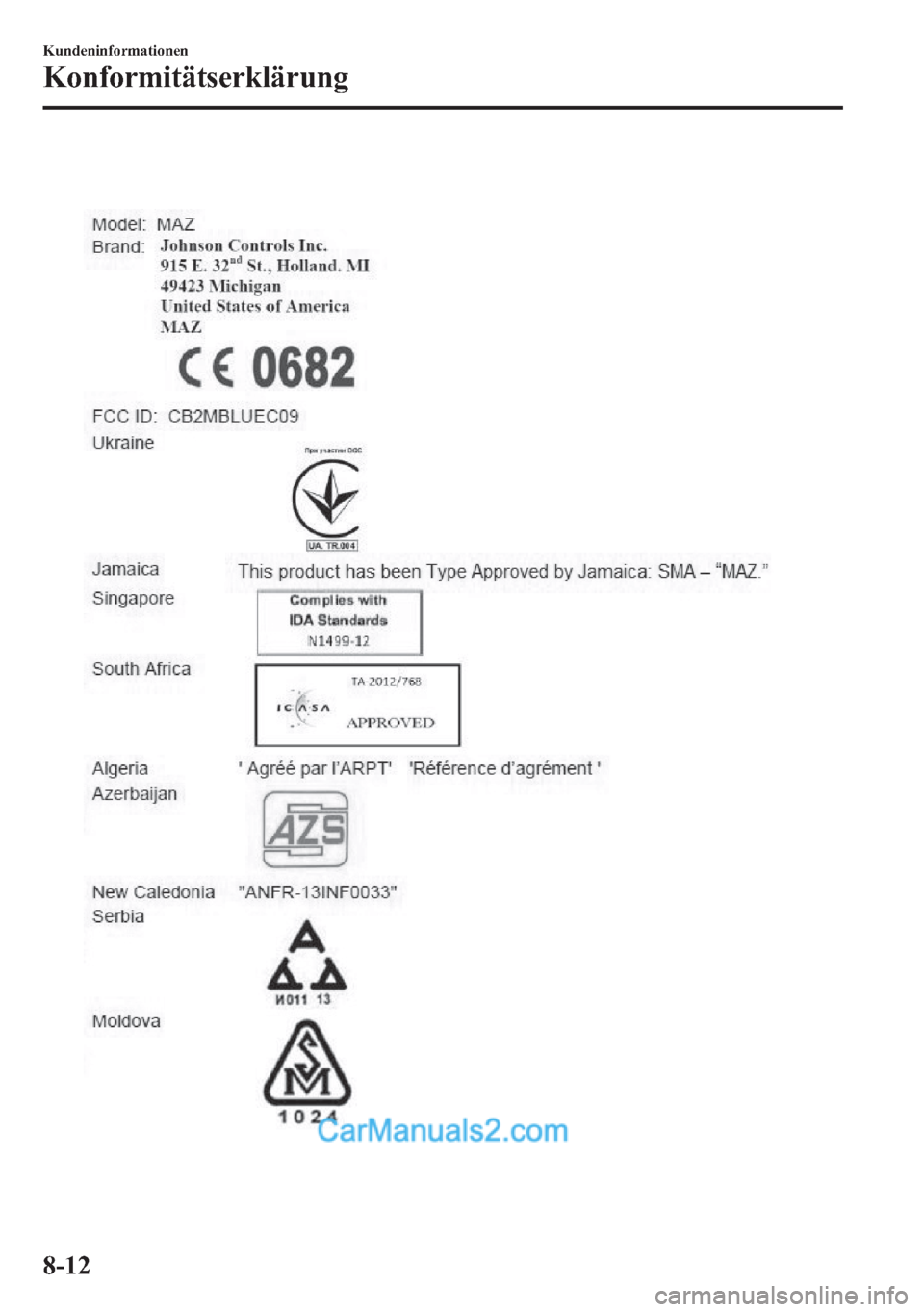 MAZDA MODEL CX-5 2015  Betriebsanleitung (in German) 8-12
Kundeninformationen
Konformitätserklärung  