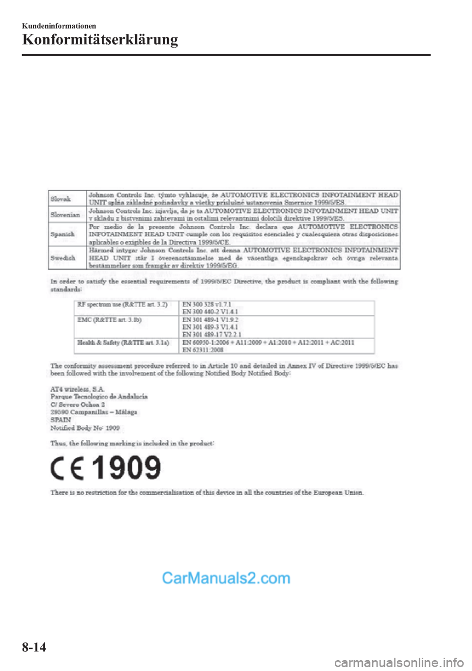 MAZDA MODEL CX-5 2015  Betriebsanleitung (in German) 8-14
Kundeninformationen
Konformitätserklärung  
