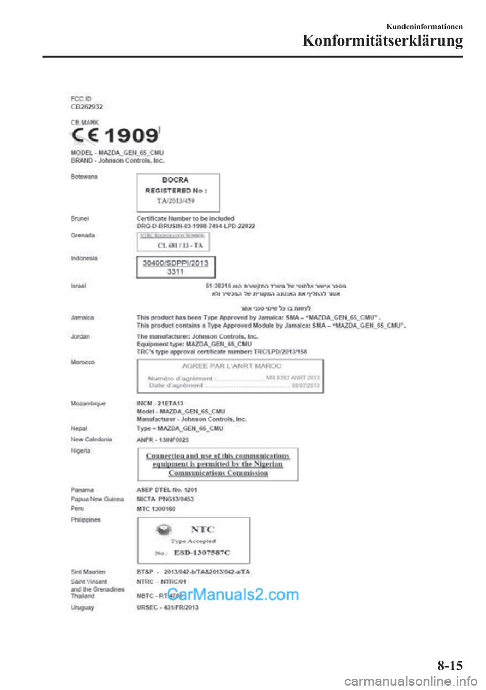 MAZDA MODEL CX-5 2015  Betriebsanleitung (in German) Kundeninformationen
Konformitätserklärung
8-15  