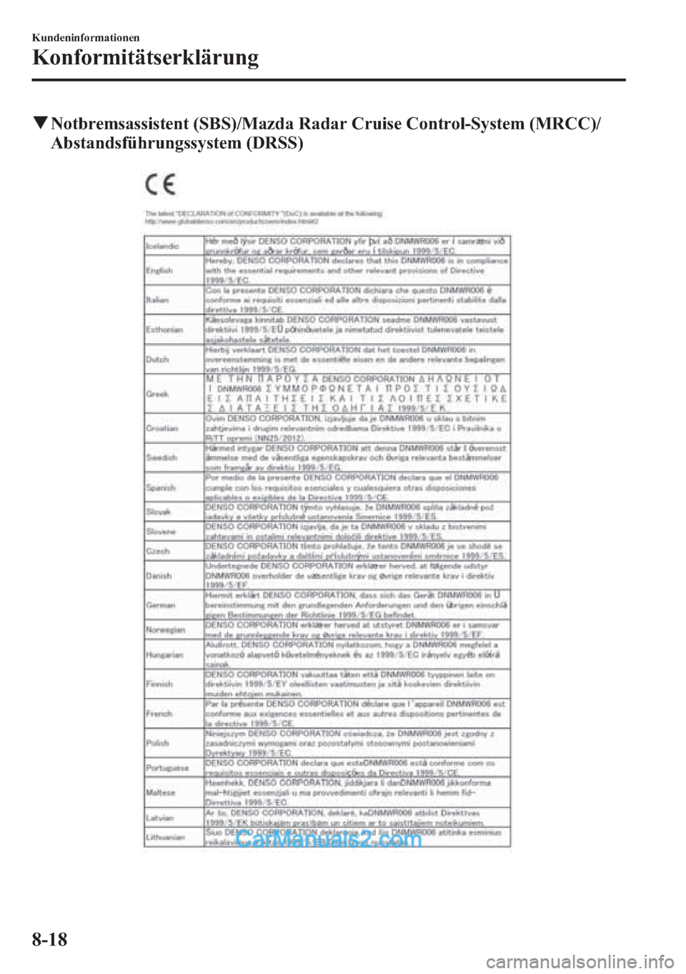 MAZDA MODEL CX-5 2015  Betriebsanleitung (in German) qNotbremsassistent (SBS)/Mazda Radar Cruise Control-System (MRCC)/
Abstandsführungssystem (DRSS)
8-18
Kundeninformationen
Konformitätserklärung  