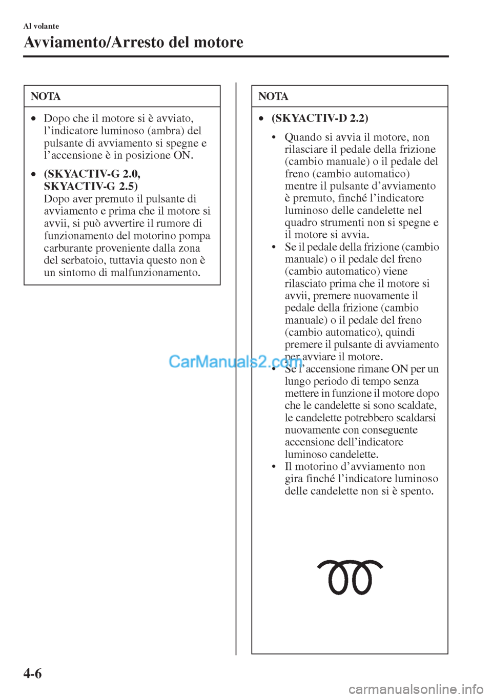 MAZDA MODEL CX-5 2015 Manuale del proprietario (in Italian) 4-6
Al volante
Avviamento/Arresto del motore
NOTA
•Dopo che il motore si è avviato,
l’indicatore luminoso (ambra) del
pulsante di avviamento si spegne e
l’accensione è in posizione ON.
•( MAZDA MODEL CX-5 2015 Manuale del proprietario (in Italian) 4-6
Al volante
Avviamento/Arresto del motore
NOTA
•Dopo che il motore si è avviato,
l’indicatore luminoso (ambra) del
pulsante di avviamento si spegne e
l’accensione è in posizione ON.
•(