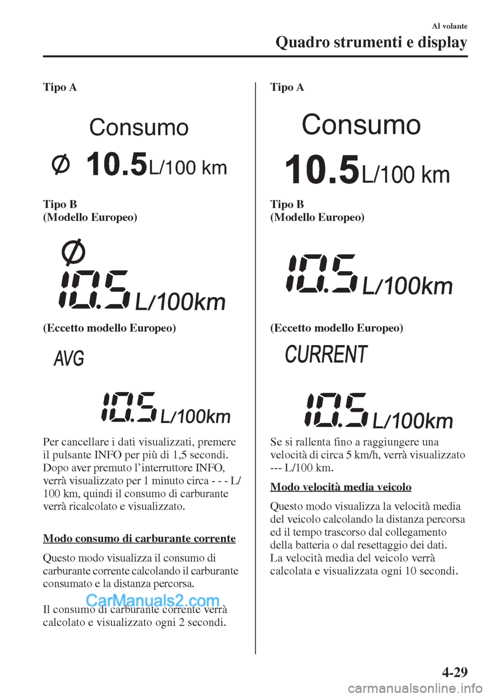 MAZDA MODEL CX-5 2015 Manuale del proprietario (in Italian) 4-29
Al volante
Quadro strumenti e display
Tipo A
Tipo B
(Modello Europeo)
(Eccetto modello Europeo)
Per cancellare i dati visualizzati, premere
il pulsante INFO per più di 1,5 secondi.
Dopo aver p MAZDA MODEL CX-5 2015 Manuale del proprietario (in Italian) 4-29
Al volante
Quadro strumenti e display
Tipo A
Tipo B
(Modello Europeo)
(Eccetto modello Europeo)
Per cancellare i dati visualizzati, premere
il pulsante INFO per più di 1,5 secondi.
Dopo aver p