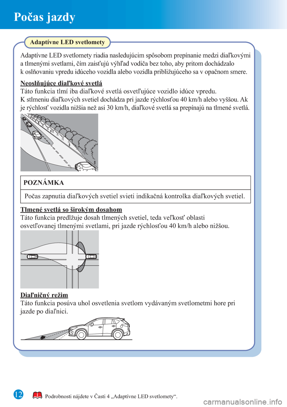 MAZDA MODEL CX-5 2015  Rýchly sprievodca (in Slovak) 12
Počas jazdy
Podrobnosti nájdete v Časti 4 „Adaptívne LED svetlomety“.
Adaptívne LED svetlomety
Adaptívne LED svetlomety riadia nasledujúcim spôsobom prepínanie medzi diaľkovými 
a tl