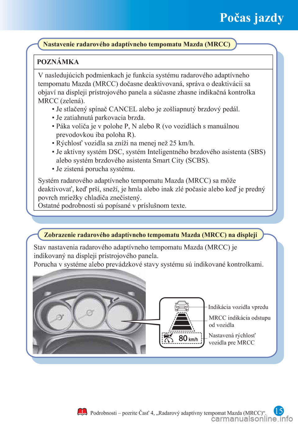 MAZDA MODEL CX-5 2015  Rýchly sprievodca (in Slovak) 15
Počas jazdy
Podrobnosti – pozrite Časť 4, „Radarový adaptívny tempomat Mazda (MRCC)“.
Zobrazenie radarového adaptívneho tempomatu Mazda (MRCC) na displeji
Nastavenie radarového adapt