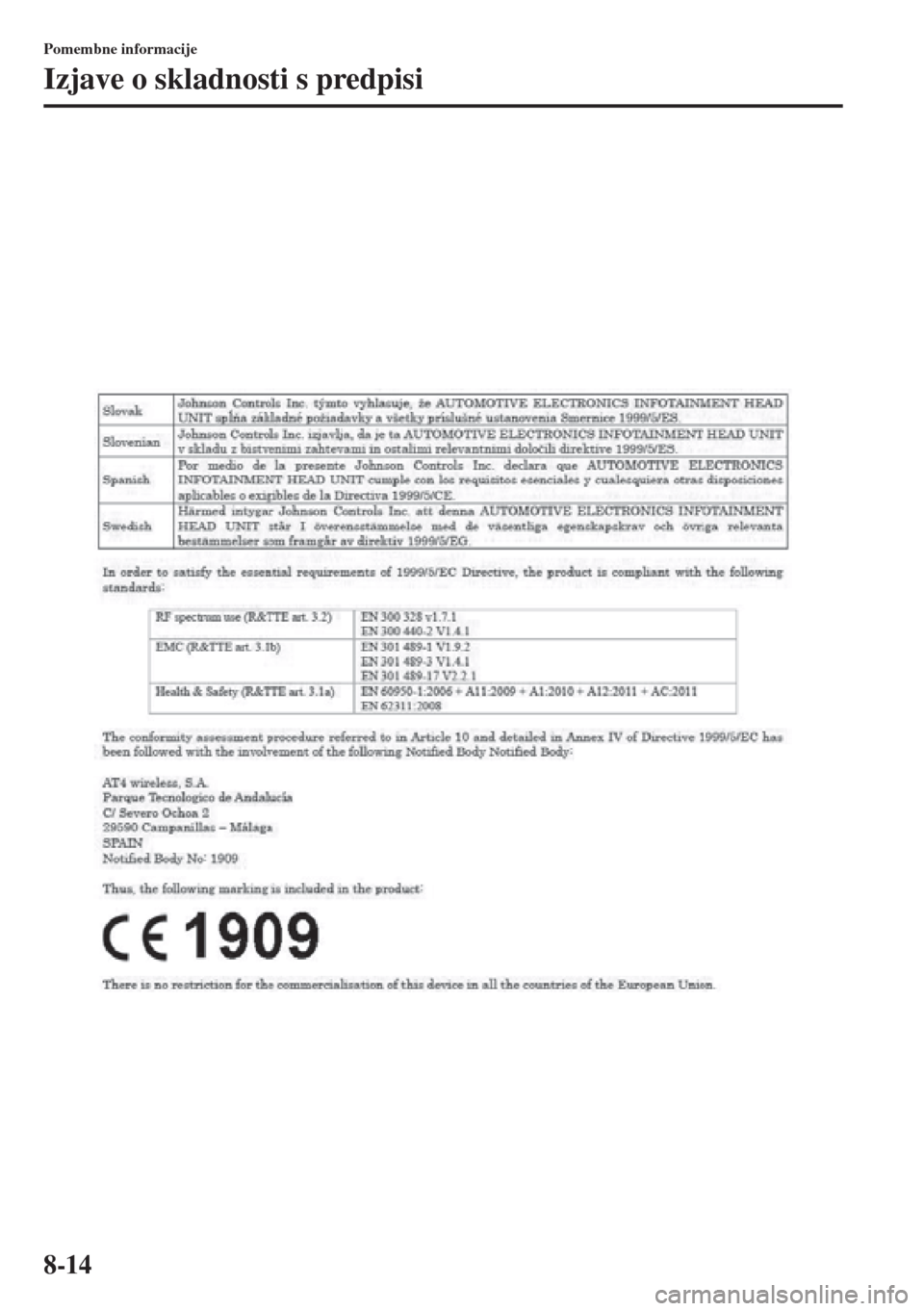 MAZDA MODEL CX-5 2015  Priročnik za lastnika (in Slovenian) 8-14
Pomembne informacije
Izjave o skladnosti s predpisi 