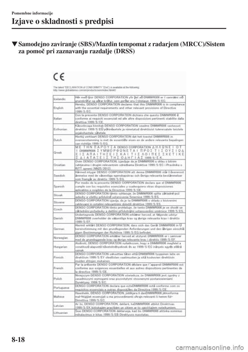 MAZDA MODEL CX-5 2015  Priročnik za lastnika (in Slovenian) 8-18
Pomembne informacije
Izjave o skladnosti s predpisi
�WSamodejno zaviranje (SBS)/Mazdin tempomat z radarjem (MRCC)/Sistem 
za pomo�þ pri zaznavanju razdalje (DRSS) 