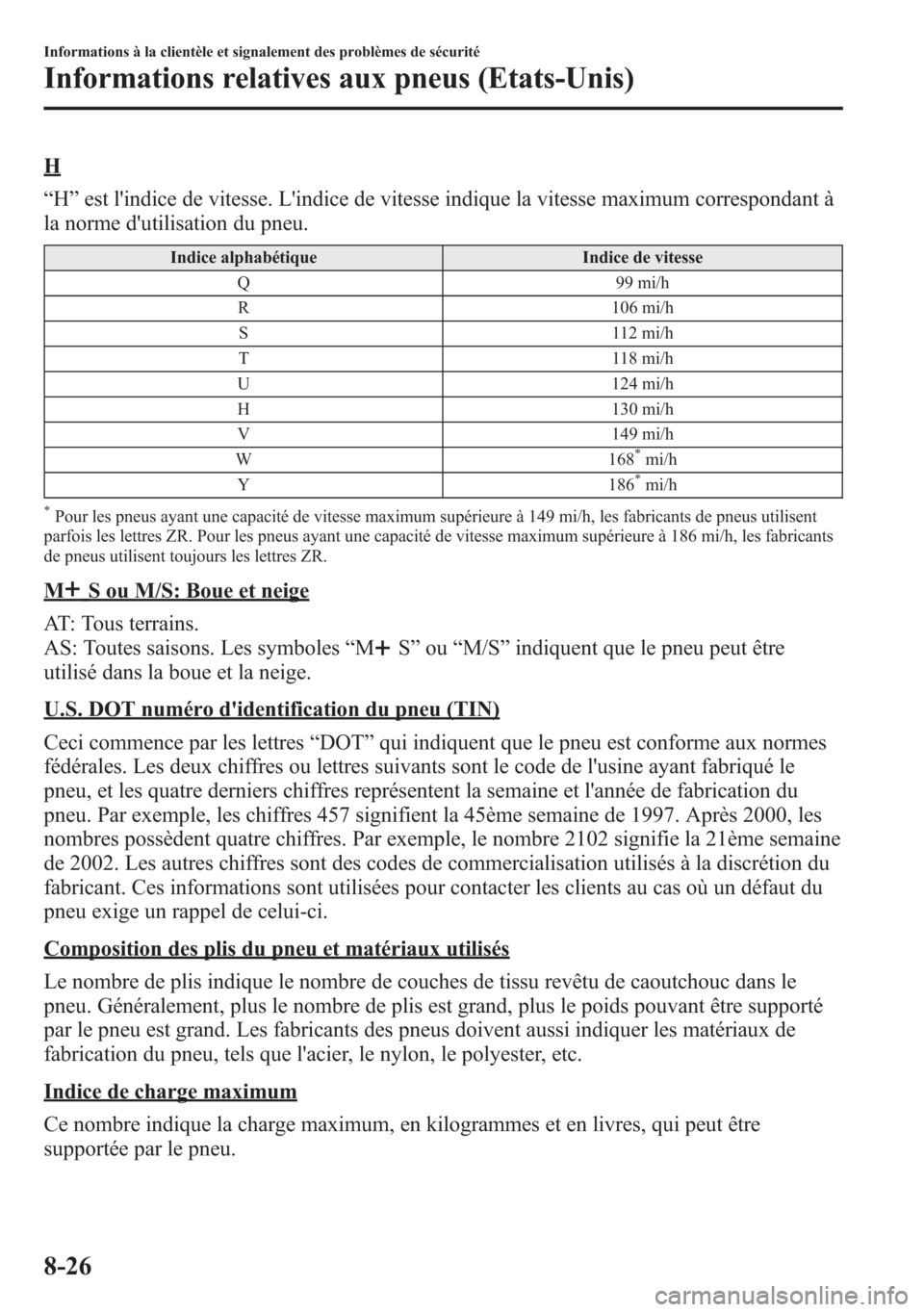 MAZDA MODEL CX-5 2014  Manuel du propriétaire (in French) H
“H”est lindice de vitesse. Lindice de vitesse indique la vitesse maximum correspondant à
la norme dutilisation du pneu.
Indice alphabétique Indice de vitesse
Q 99 mi/h
R 106 mi/h
S 112 mi/h