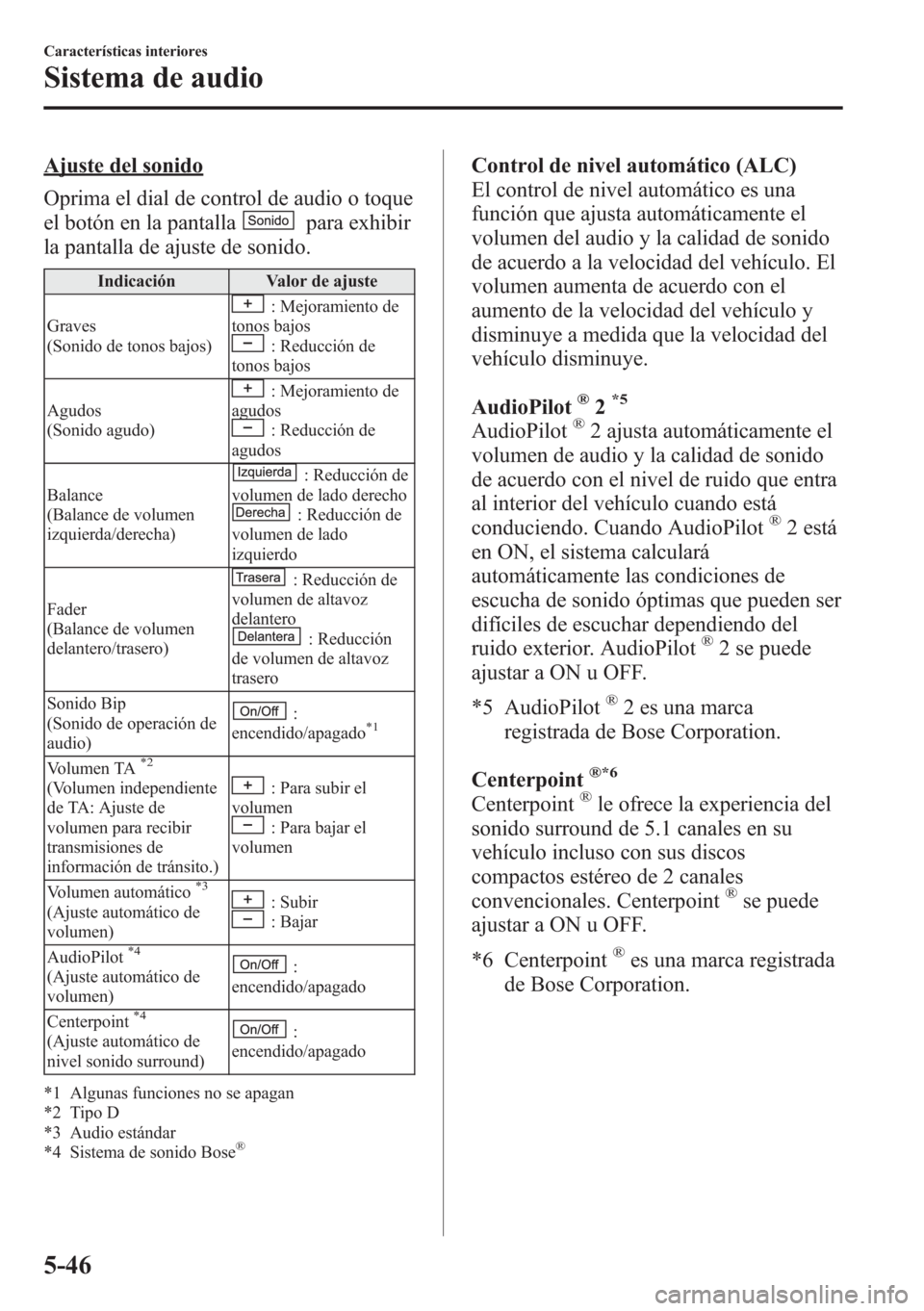 MAZDA MODEL CX-5 2013 Manual del propietario (in Spanish) Ajuste del sonido
Oprima el dial de control de audio o toque
el botón en la pantalla
para exhibir
la pantalla de ajuste de sonido.
Indicación Valor de ajuste
Graves
(Sonido de tonos bajos)
: Mejoram MAZDA MODEL CX-5 2013 Manual del propietario (in Spanish) Ajuste del sonido
Oprima el dial de control de audio o toque
el botón en la pantalla
para exhibir
la pantalla de ajuste de sonido.
Indicación Valor de ajuste
Graves
(Sonido de tonos bajos)
: Mejoram