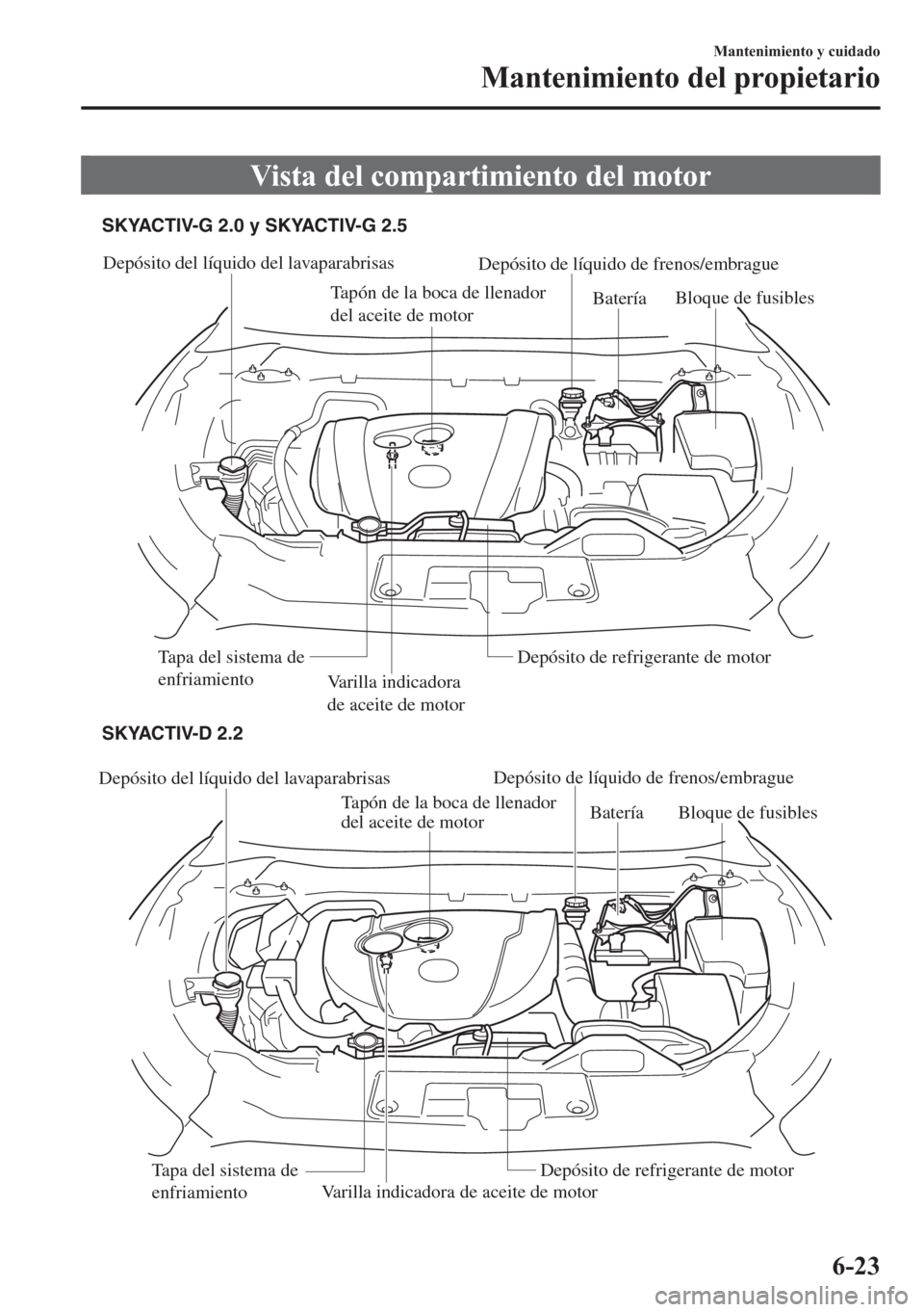 MAZDA MODEL CX-5 2013  Manual del propietario (in Spanish)  Vista del compartimiento del motor
Depósito del líquido del lavaparabrisas
Tapón de la boca de llenador 
del aceite de motorDepósito de líquido de frenos/embrague
Varilla indicadora de aceite de 