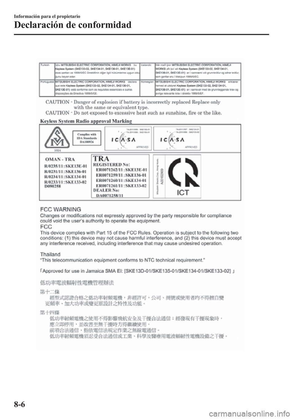 MAZDA MODEL CX-5 2013  Manual del propietario (in Spanish)  8-6
Información para el propietario
Declaración de conformidad 