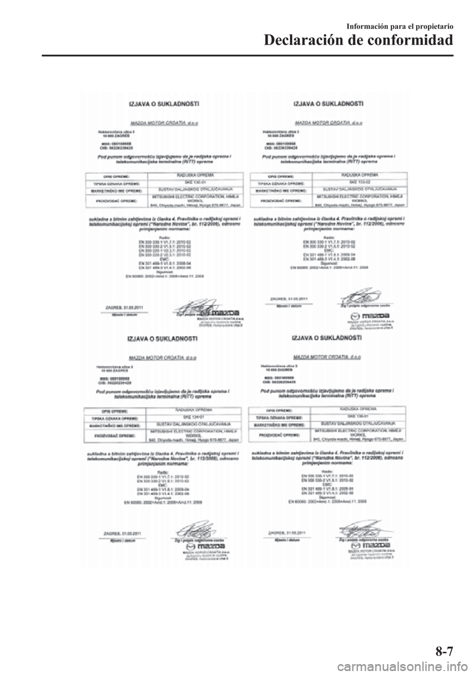 MAZDA MODEL CX-5 2013  Manual del propietario (in Spanish)  Información para el propietario
Declaración de conformidad
8-7 
