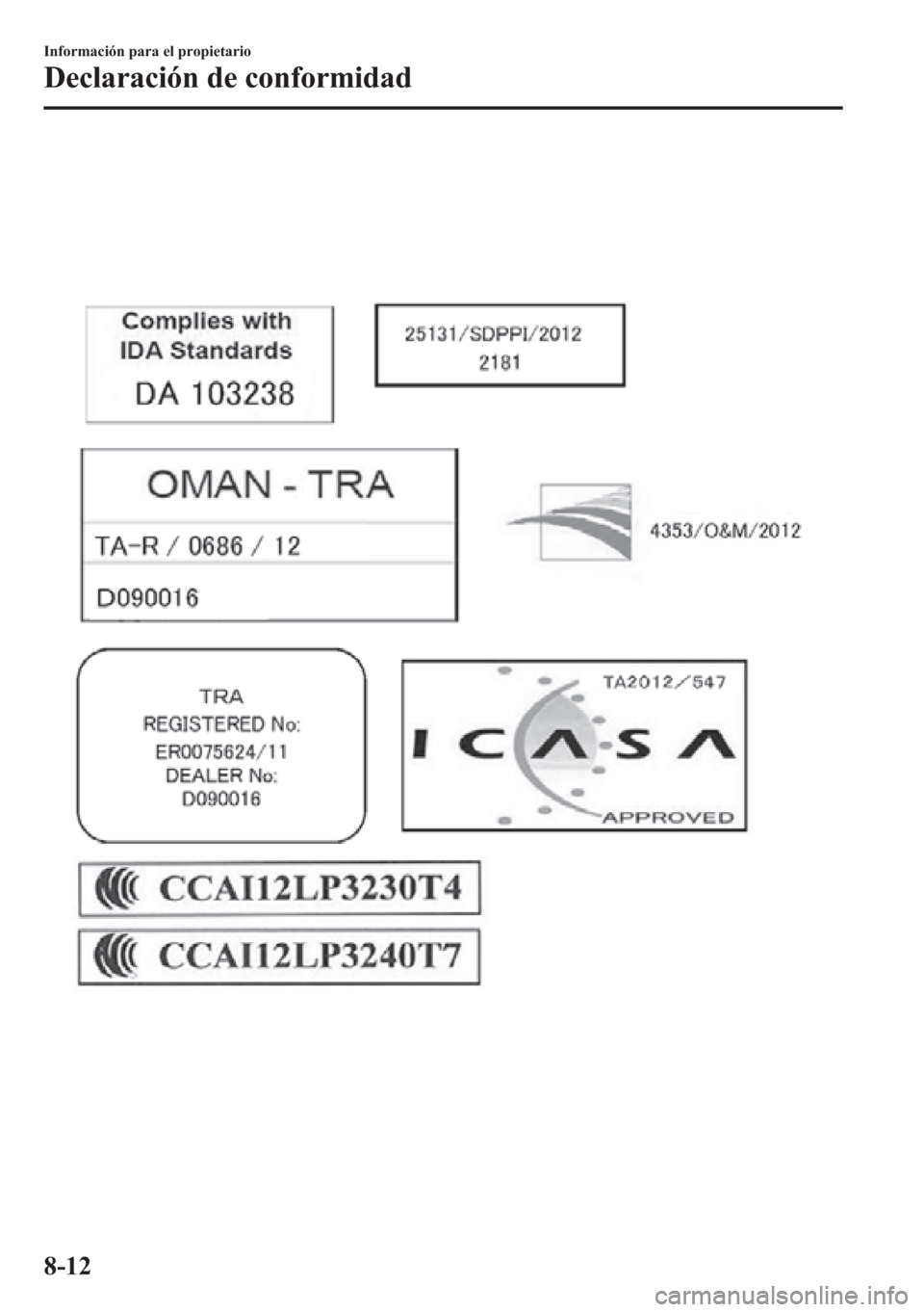 MAZDA MODEL CX-5 2013  Manual del propietario (in Spanish)  8-12
Información para el propietario
Declaración de conformidad 