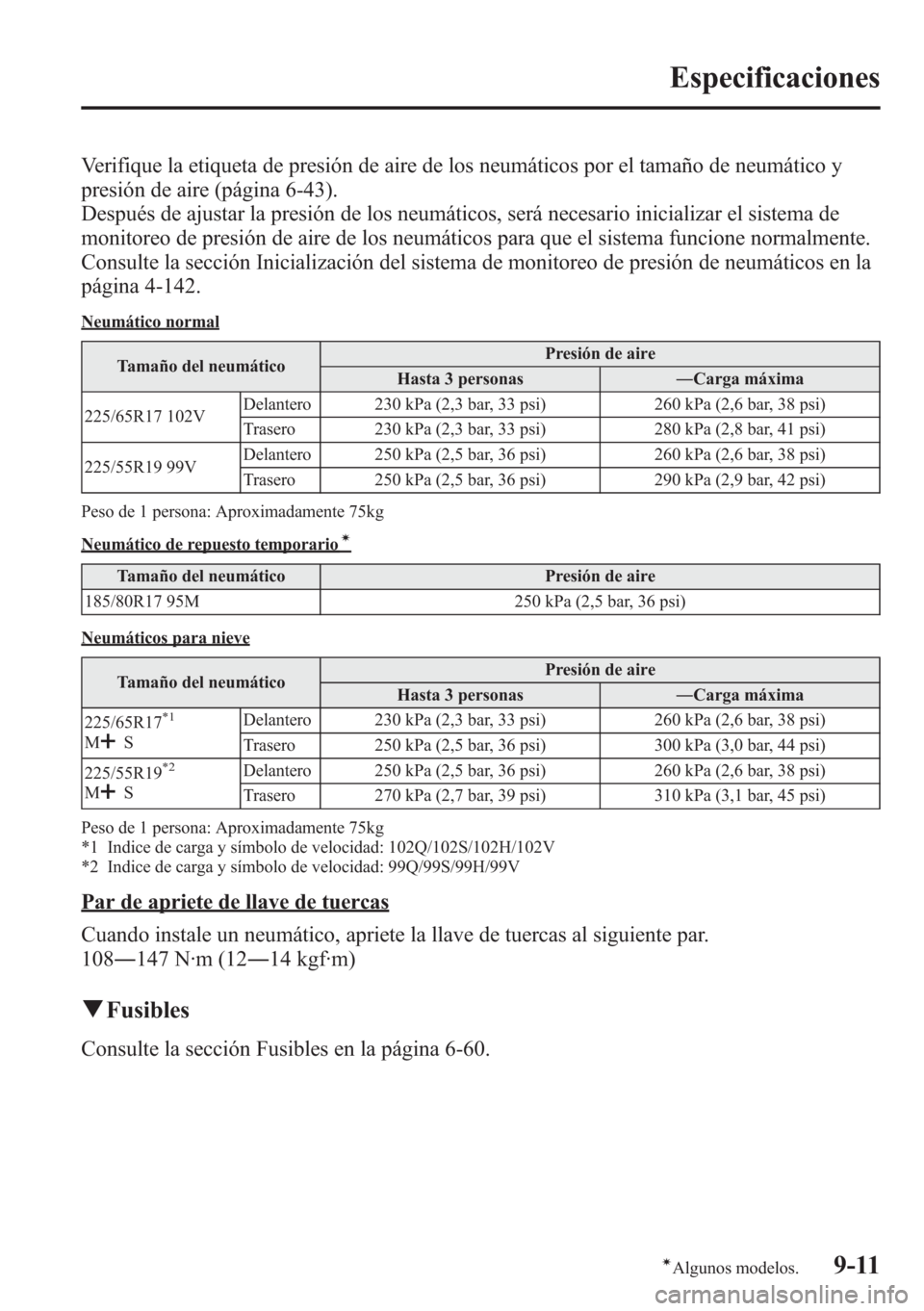 MAZDA MODEL CX-5 2013 Manual del propietario (in Spanish) Verifique la etiqueta de presión de aire de los neumáticos por el tamaño de neumático y
presión de aire (página 6-43).
Después de ajustar la presión de los neumáticos, será necesario inicial MAZDA MODEL CX-5 2013 Manual del propietario (in Spanish) Verifique la etiqueta de presión de aire de los neumáticos por el tamaño de neumático y
presión de aire (página 6-43).
Después de ajustar la presión de los neumáticos, será necesario inicial