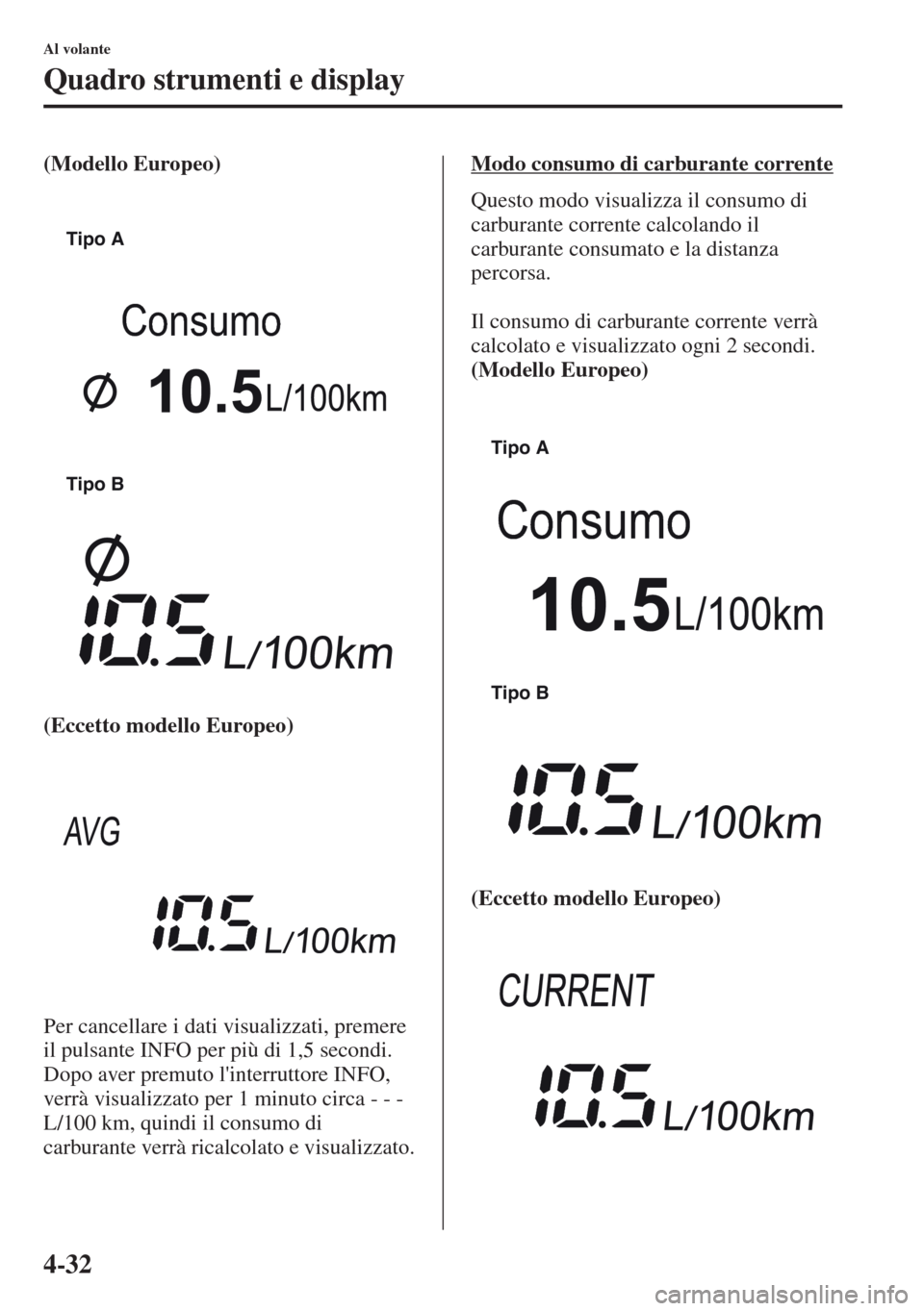 MAZDA MODEL CX-5 2013  Manuale del proprietario (in Italian) 4-32
Al volante
Quadro strumenti e display
(Modello Europeo)
(Eccetto modello Europeo)
Per cancellare i dati visualizzati, premere 
il pulsante INFO per più di 1,5 secondi.
Dopo aver premuto linterr