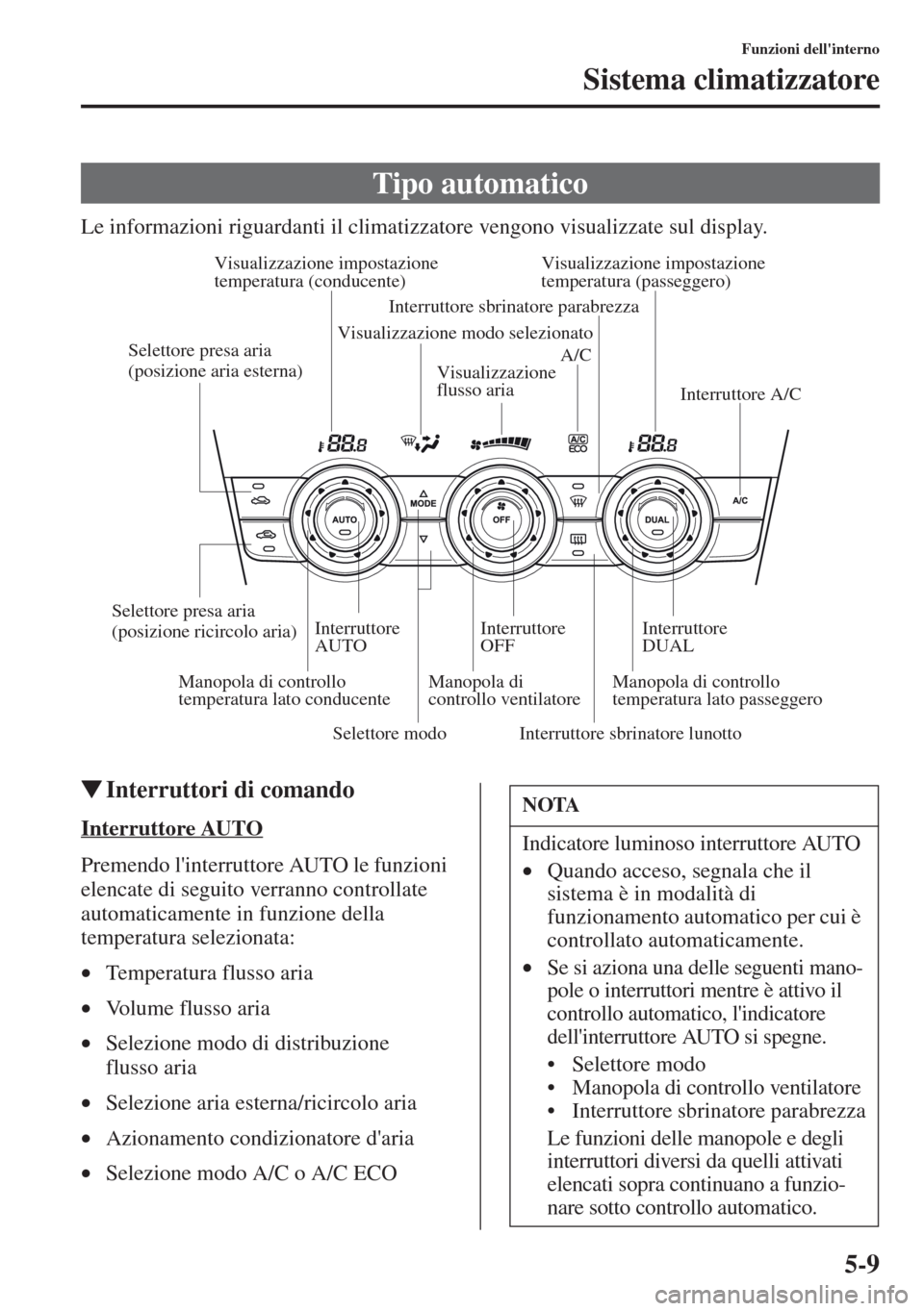MAZDA MODEL CX-5 2013  Manuale del proprietario (in Italian) 5-9
Funzioni dellinterno
Sistema climatizzatore
Le informazioni riguardanti il climatizzatore vengono visualizzate sul display.
tInterruttori di comando
Interruttore AUTO
Premendo linterruttore AUTO