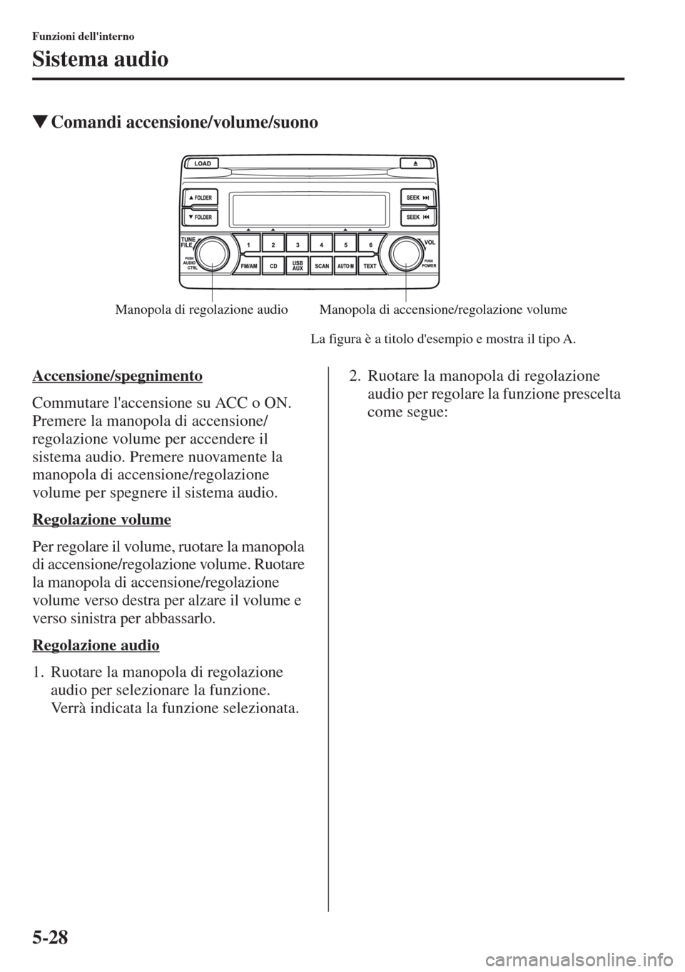 MAZDA MODEL CX-5 2013  Manuale del proprietario (in Italian) 5-28
Funzioni dellinterno
Sistema audio
tComandi accensione/volume/suono
Accensione/spegnimento
Commutare laccensione su ACC o ON. 
Premere la manopola di accensione/
regolazione volume per accender