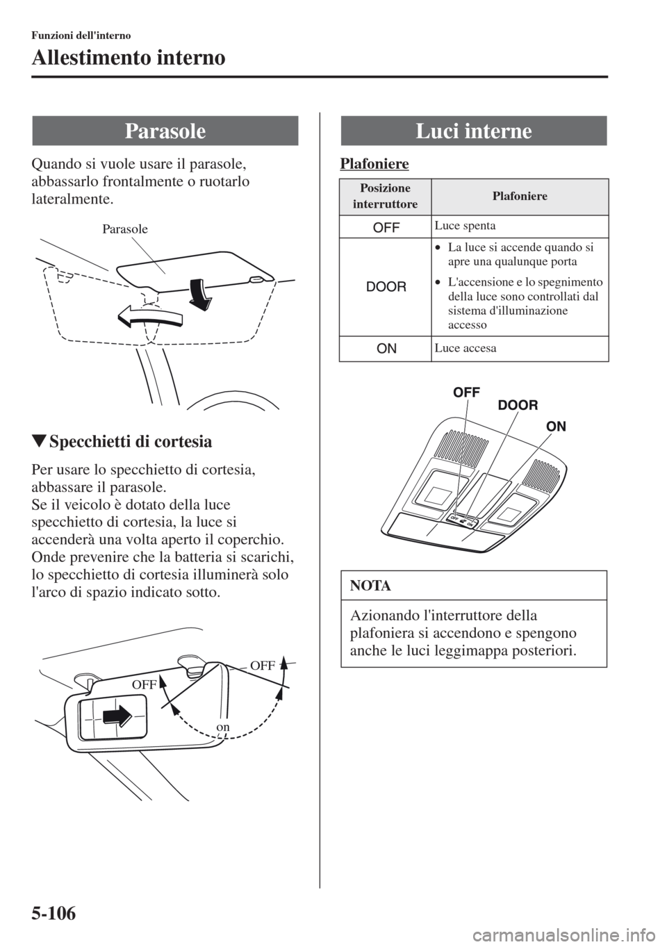 MAZDA MODEL CX-5 2013  Manuale del proprietario (in Italian) 5-106
Funzioni dellinterno
Allestimento interno
Quando si vuole usare il parasole, 
abbassarlo frontalmente o ruotarlo 
lateralmente.
tSpecchietti di cortesia
Per usare lo specchietto di cortesia, 
a