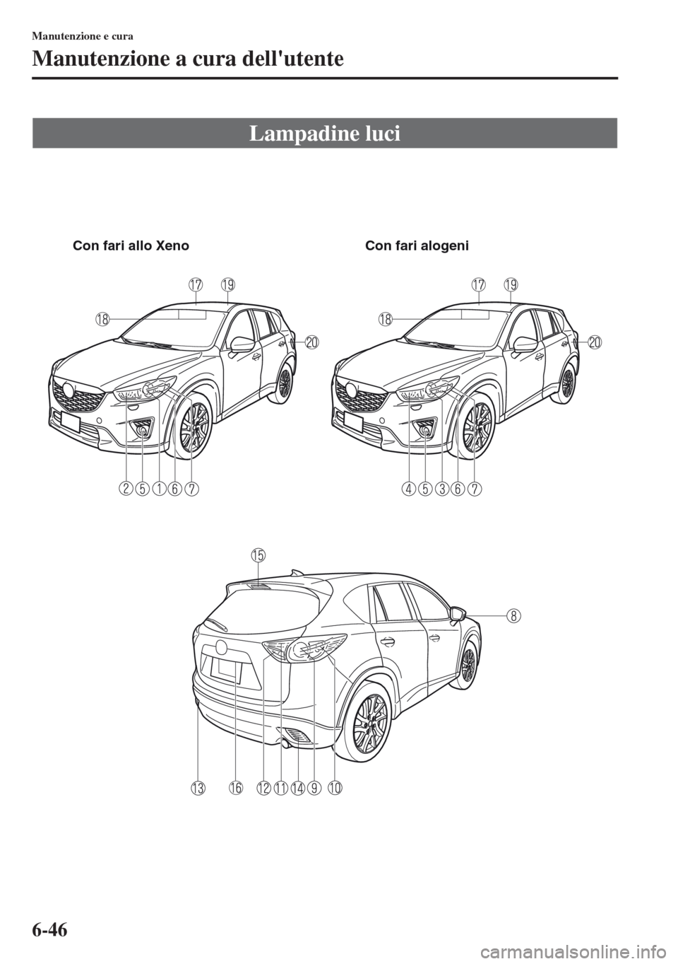 MAZDA MODEL CX-5 2013  Manuale del proprietario (in Italian) 6-46
Manutenzione e cura
Manutenzione a cura dellutente
Lampadine luci
Con fari allo Xeno Con fari alogeni 