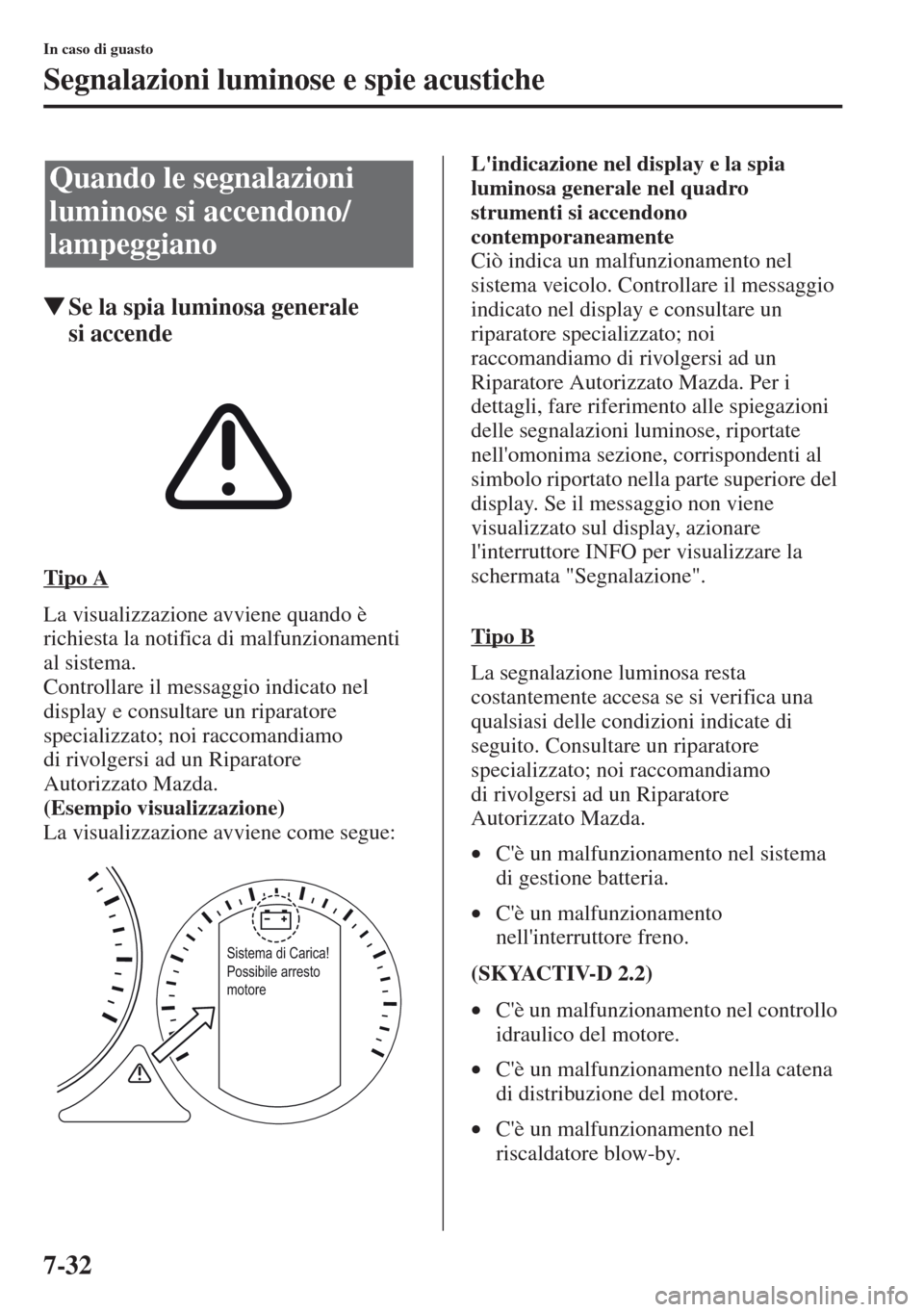 MAZDA MODEL CX-5 2013  Manuale del proprietario (in Italian) 7-32
In caso di guasto
Segnalazioni luminose e spie acustiche
tSe la spia luminosa generale 
si accende
Tipo A
La visualizzazione avviene quando è 
richiesta la notifica di malfunzionamenti 
al siste
