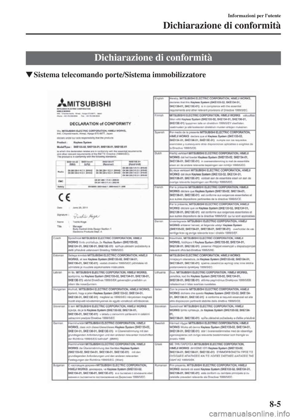 MAZDA MODEL CX-5 2013  Manuale del proprietario (in Italian) 8-5
Informazioni per lutente
Dichiarazione di conformità
tSistema telecomando porte/Sistema immobilizzatore
Dichiarazione di conformità 