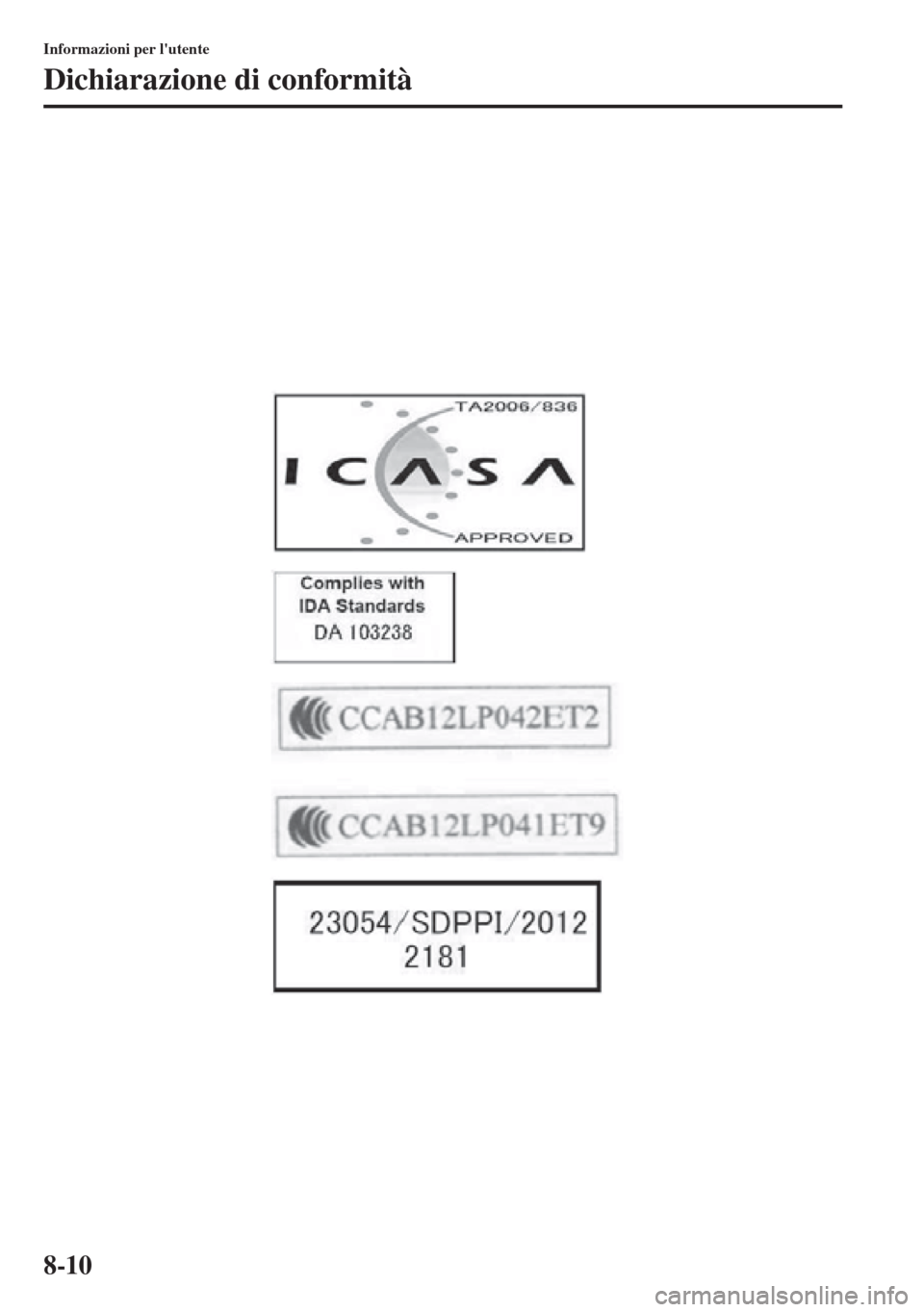 MAZDA MODEL CX-5 2013  Manuale del proprietario (in Italian) 8-10
Informazioni per lutente
Dichiarazione di conformità 