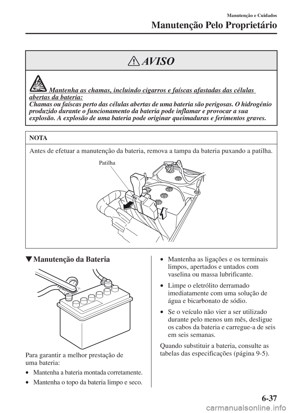 MAZDA MODEL CX-5 2013  Manual do proprietário (in Portuguese) 6-37
Manutenção e Cuidados
Manutenção Pelo Proprietário
Manutenção da Bateria
Para garantir a melhor prestação de 
uma bateria:
•Mantenha a bateria montada corretamente.
•Mantenha o topo