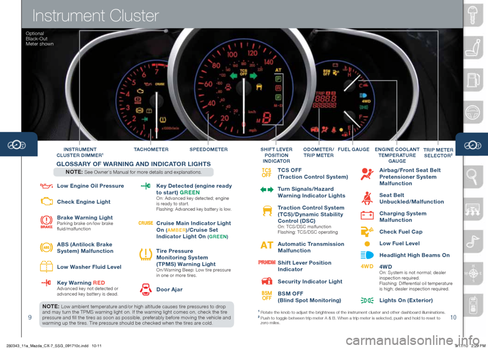 MAZDA MODEL CX-7 2011  Smart Start Guide (in English) 910
GLOSSARY  OF  WARN iNG  AND  iND iCA\bOR  L iG h\bS
NO\b\f: SeeOwne\f’sManualfo\fmo\fedetailsandexplanations\b
NO\b\f: Lowambient tempe\fatu\fe and/o\f high altitude causes ti\fe 