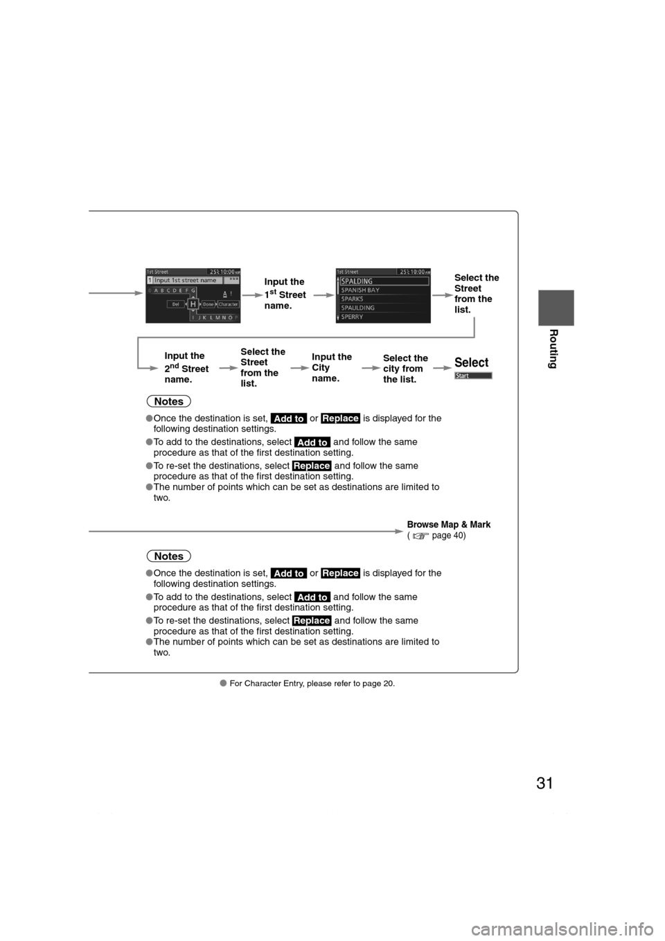 MAZDA MODEL CX-7 2010 Navigation Manual (in English) 31
Before
UseGetting
started
Routing
lFor Character Entry, please refer to page 20.
Select
( page 22)
Input the
1st Street
name. Select the
Street
from the
list.
Input the
2
nd Street
name. S MAZDA MODEL CX-7 2010 Navigation Manual (in English) 31
Before
UseGetting
started
Routing
lFor Character Entry, please refer to page 20.
Select
( page 22)
Input the
1st Street
name. Select the
Street
from the
list.
Input the
2
nd Street
name. S