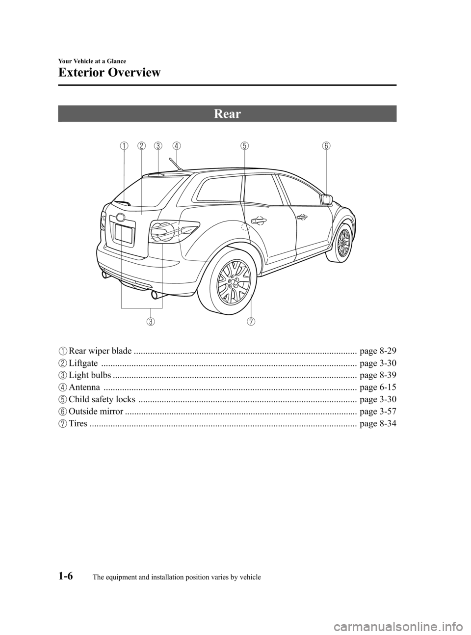 MAZDA MODEL CX-7 2009 Owners Manual (in English) Black plate (12,1)
Rear
Rear wiper blade ................................................................................................ page 8-29
Liftgate ........................................... MAZDA MODEL CX-7 2009 Owners Manual (in English) Black plate (12,1)
Rear
Rear wiper blade ................................................................................................ page 8-29
Liftgate ...........................................