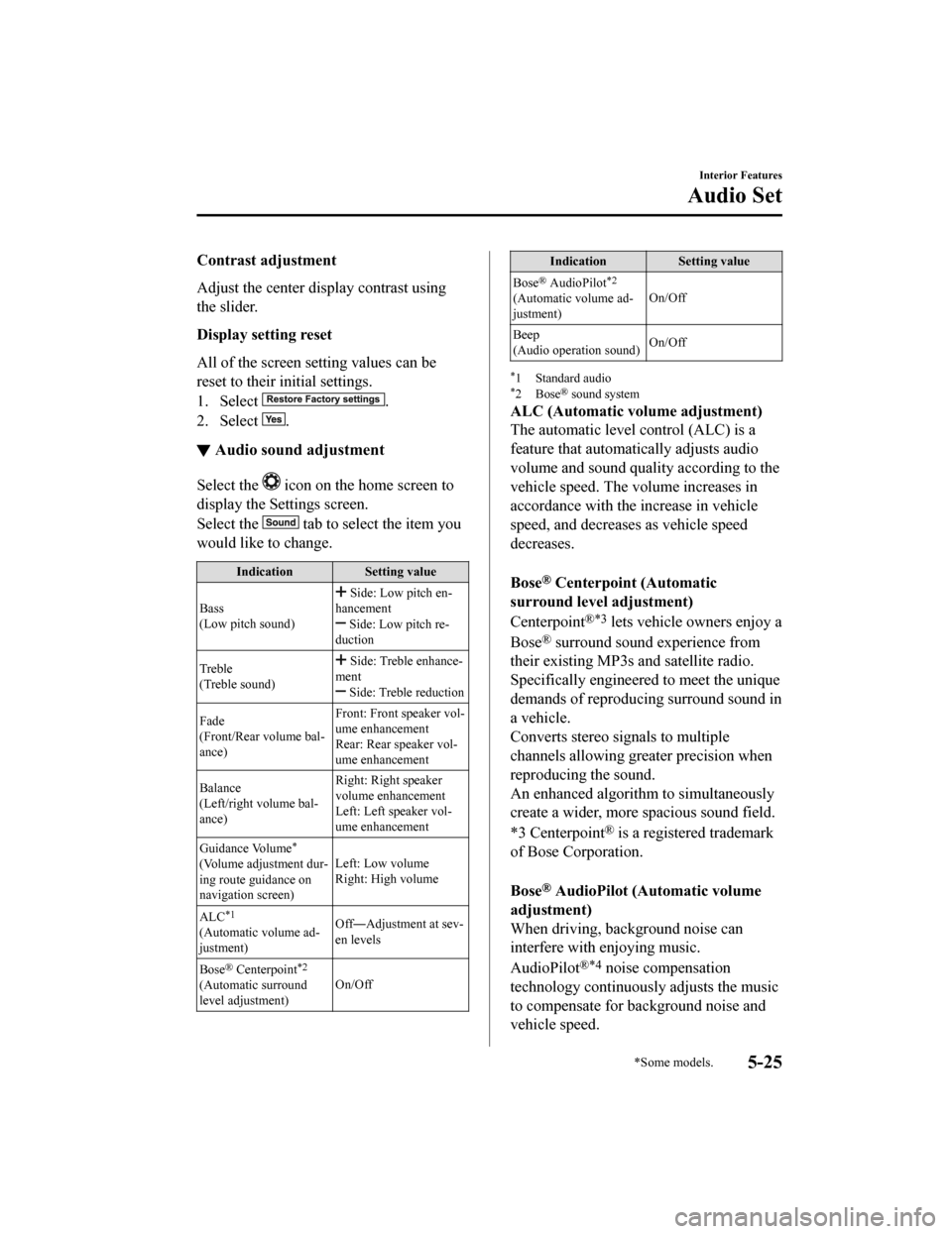 MAZDA MODEL CX-9 2019  Owners Manual (in English) Contrast adjustment
Adjust the center display contrast using
the slider.
Display setting reset
All of the screen setting values can be
reset to their initial settings.
1. Select 
.
2. Select 
.
▼ Au