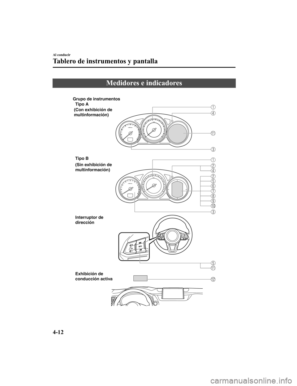 MAZDA MODEL CX-9 2019  Manual del propietario (in Spanish)  Medidores e indicadores
 
Grupo de instrumentosTipo A
(Con exhibición de 
multinformación)
(Sin exhibición de 
multinformación) Tipo B
Interruptor de 
dirección
Exhibición de 
conducción activa
