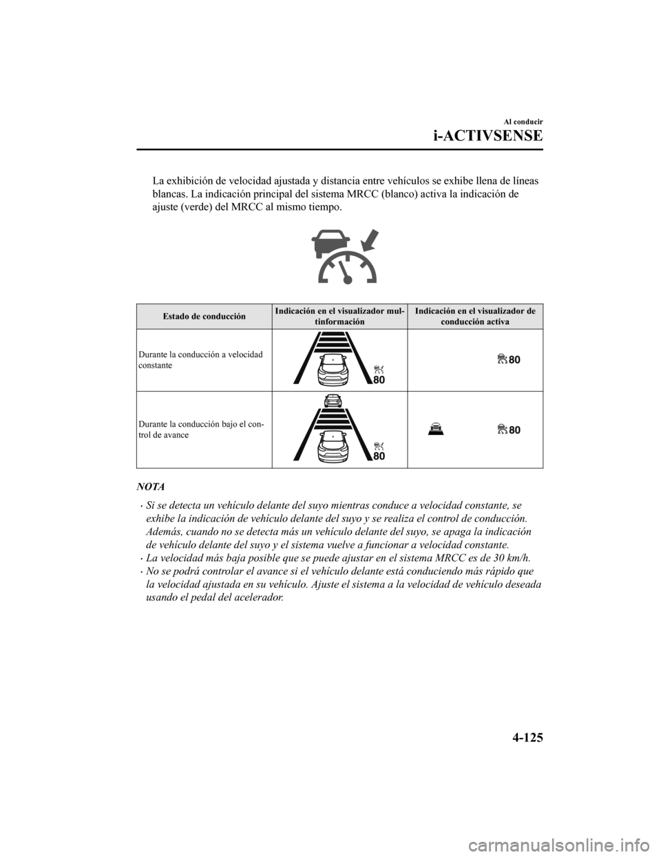 MAZDA MODEL CX-9 2019  Manual del propietario (in Spanish)  La exhibición de velocidad ajustada y distancia entre vehículos se exhibe llena de líneas
blancas. La indicación principal del sistema MRCC (blanco) acti va la indicación de
ajuste (verde) del M 