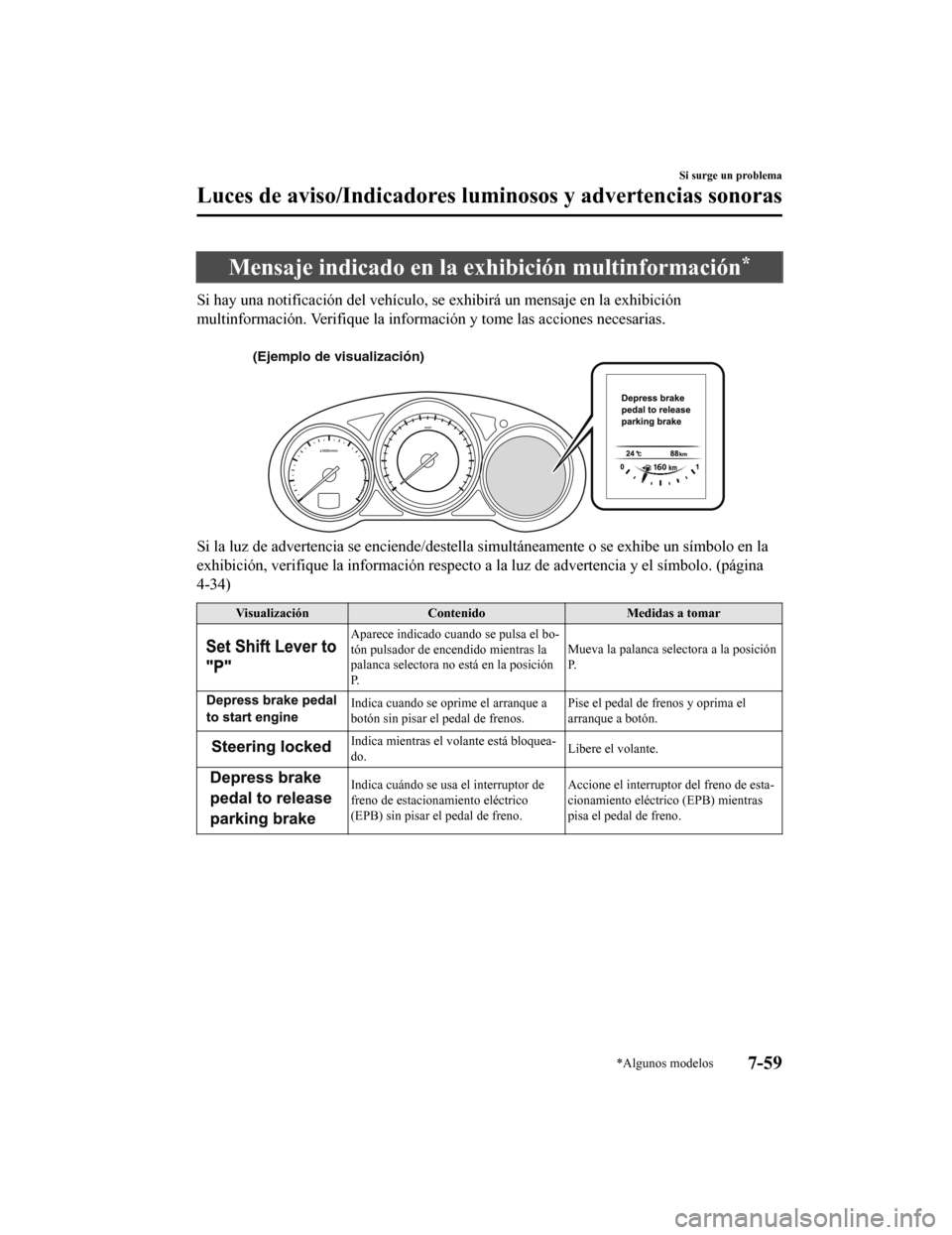 MAZDA MODEL CX-9 2019  Manual del propietario (in Spanish)  Mensaje indicado en la exhibición multinformación*
Si hay una notificación del vehículo, se exhibirá un mensaje en la exhibición
multinformación. Verifique la i nformación y tome las acciones 