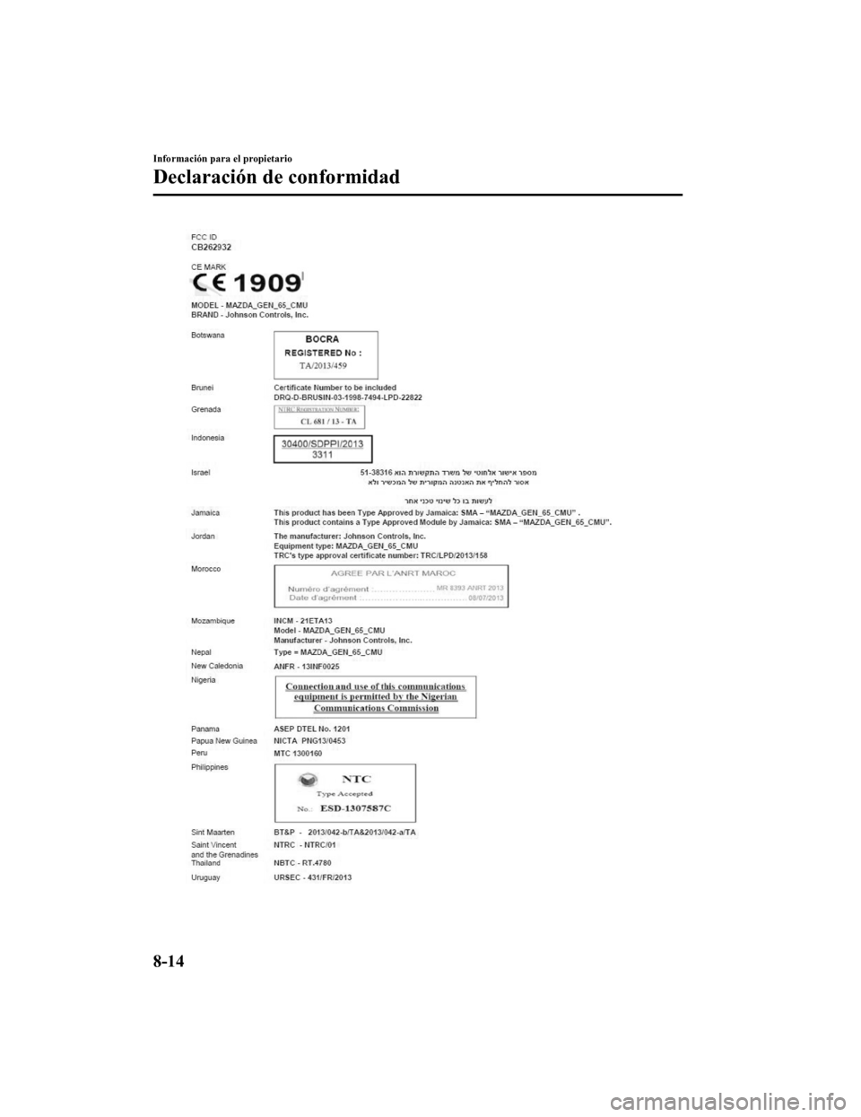 MAZDA MODEL CX-9 2019  Manual del propietario (in Spanish)  Información para el propietario
Declaración de conformidad
8-14
CX-9_8GC9-SP-17G_Edition12017-6-17 15:32:43 
