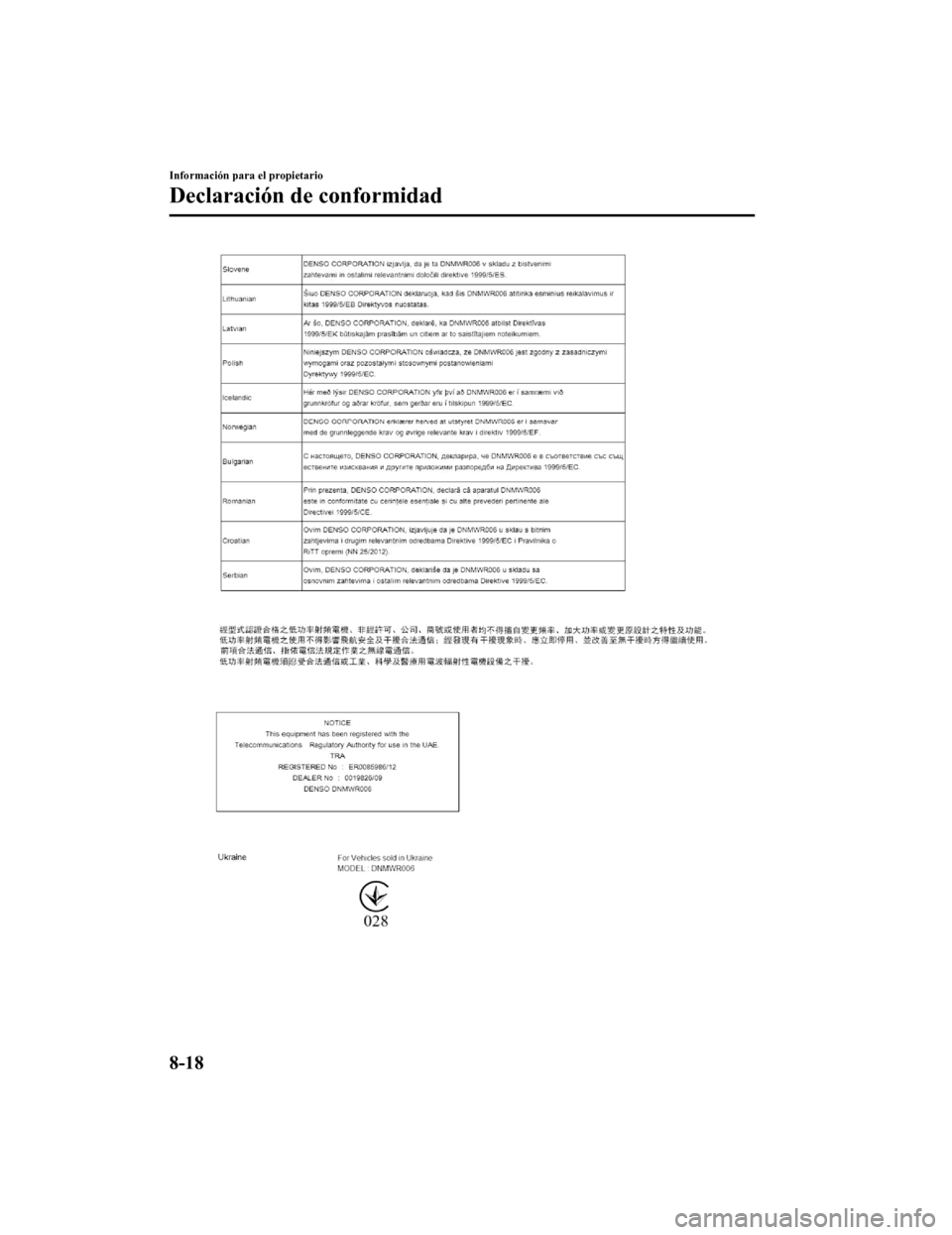 MAZDA MODEL CX-9 2019  Manual del propietario (in Spanish)  Información para el propietario
Declaración de conformidad
8-18
CX-9_8GC9-SP-17G_Edition12017-6-17 15:32:43 