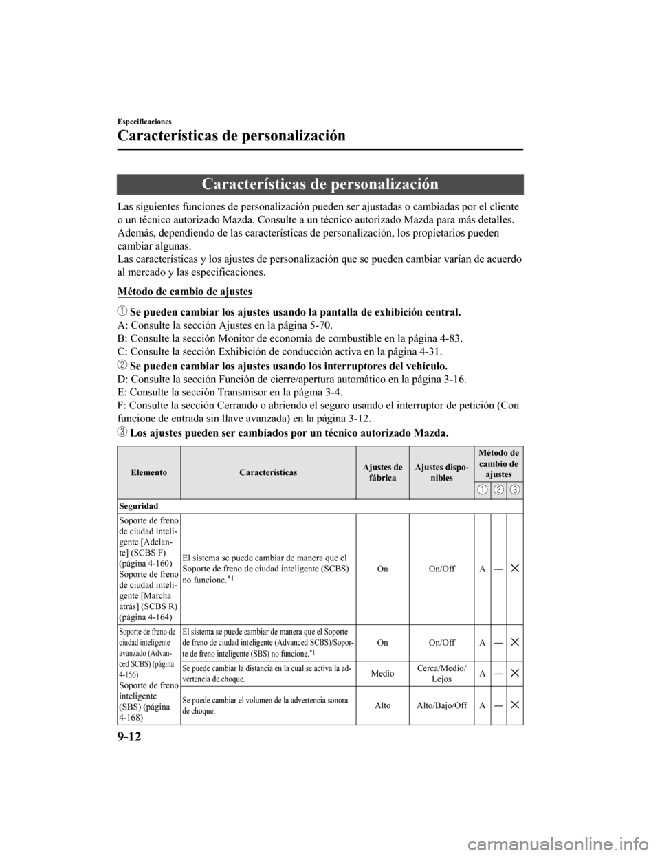 MAZDA MODEL CX-9 2019  Manual del propietario (in Spanish)  Características de personalización
Las siguientes funciones de personalización pueden ser ajustadas o cambiadas por el cliente
o un técnico autorizado Mazda. Consulte a un técnico autorizado  Maz