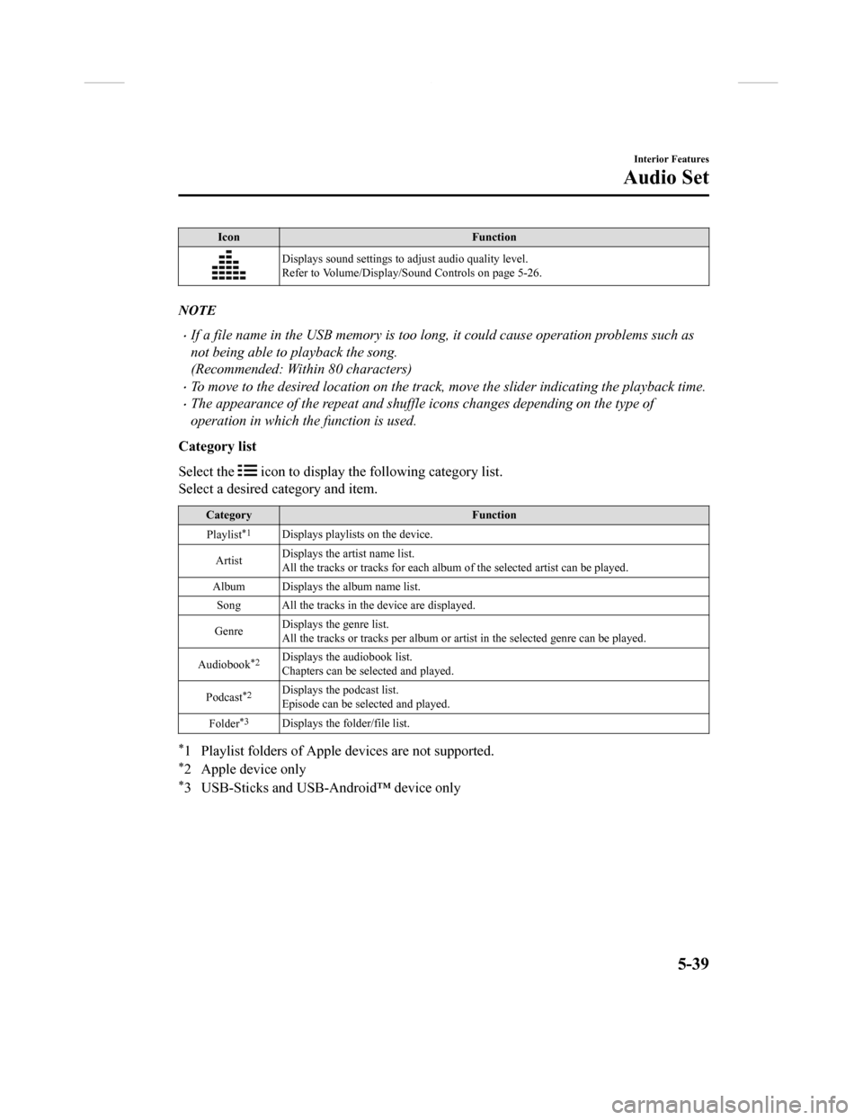 MAZDA MODEL CX-9 2018 Owners Manual (in English) IconFunction
Displays sound settings to adjust audio quality level.
Refer to Volume/Display/Sound Controls on page 5-26.
NOTE
•If a file name in the USB memory is too long , it could cause operation MAZDA MODEL CX-9 2018 Owners Manual (in English) IconFunction
Displays sound settings to adjust audio quality level.
Refer to Volume/Display/Sound Controls on page 5-26.
NOTE
•If a file name in the USB memory is too long , it could cause operation