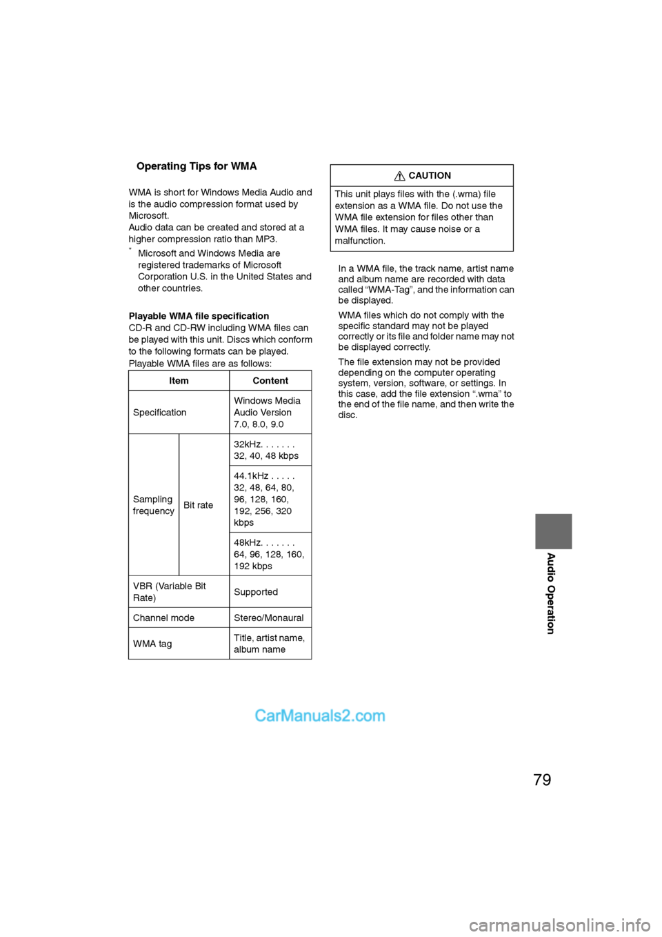 MAZDA MODEL CX-9 2011  Navigation Manual (in English) 79
Audio Operation
nOperating Tips for WMA
WMA is short for Windows Media Audio and 
is the audio compression format used by 
Microsoft.
Audio data can be created and stored at a 
higher compression r