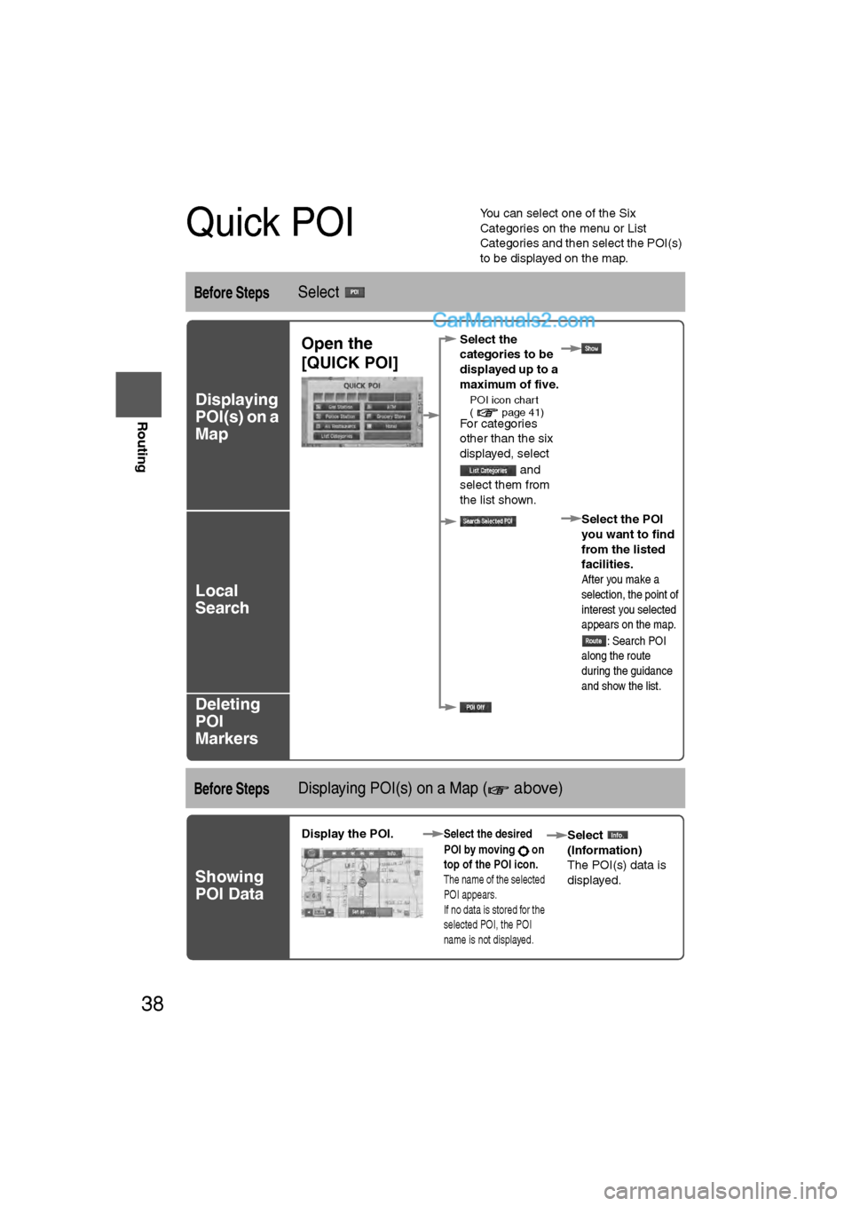 MAZDA MODEL CX-9 2009 Navigation Manual (in English) 38
Before
UseGetting
started
Routing
Quick POI
l
You can select one of the Six
Categories on the menu or List
Categories and then select the POI(s)
to be displayed on the map.
Before StepsSelect
D MAZDA MODEL CX-9 2009 Navigation Manual (in English) 38
Before
UseGetting
started
Routing
Quick POI
l
You can select one of the Six
Categories on the menu or List
Categories and then select the POI(s)
to be displayed on the map.
Before StepsSelect
D
