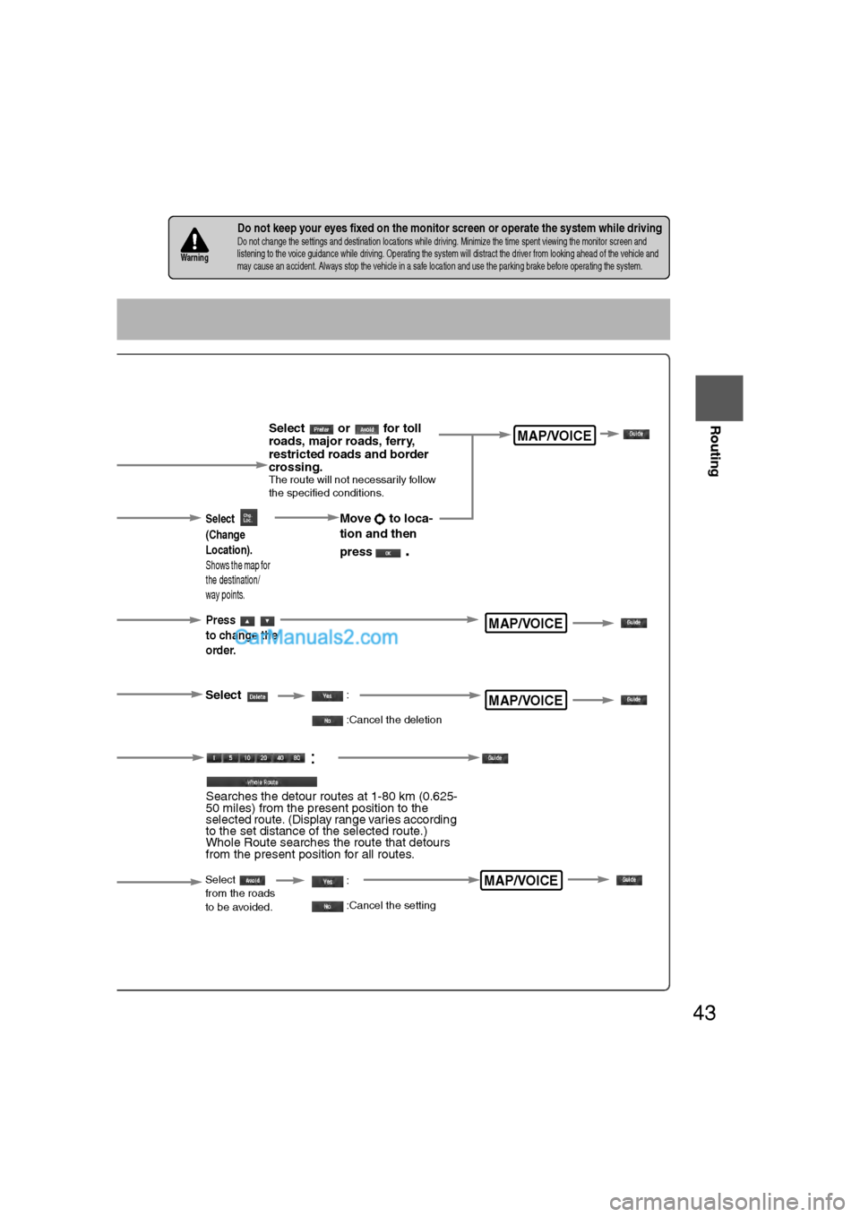 MAZDA MODEL CX-9 2009  Navigation Manual (in English) 43
Before 
UseGetting
started
Routing
nDo not keep your eyes fixed on the monitor screen or operate the system while drivingDo not change the settings and destination locations while driving. Minimize