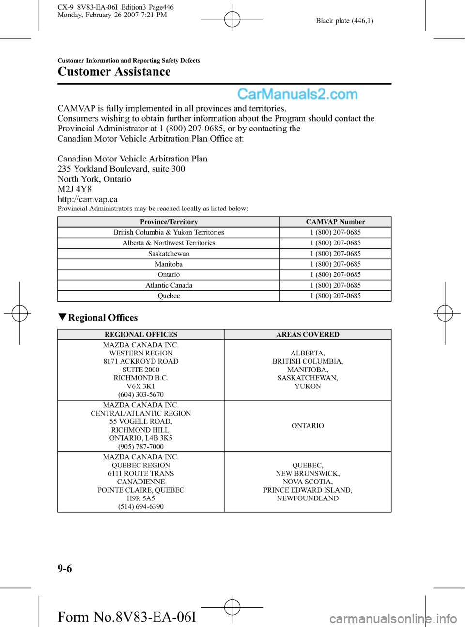 MAZDA MODEL CX-9 2007  Owners Manual (in English) Black plate (446,1)
CAMVAP is fully implemented in all provinces and territories.
Consumers wishing to obtain further information about the Program should contact the
Provincial Administrator at 1 (80