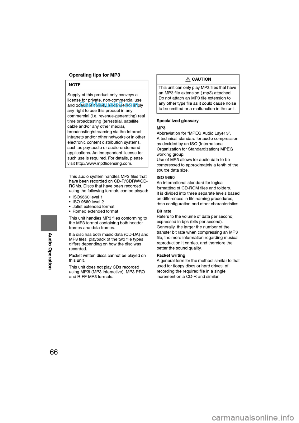 MAZDA MODEL CX-9 2007 Navigation Manual (in English) 66
Before
UseGetting
started
RoutingAddress
Book
Vo i c e Recognition
Navigation
Set Up
RDM-TMC
Audio Operation
Navigation
Set Up
nOperating tips for MP3
l
This audio system handles MP3 files tha MAZDA MODEL CX-9 2007 Navigation Manual (in English) 66
Before
UseGetting
started
RoutingAddress
Book
Vo i c e Recognition
Navigation
Set Up
RDM-TMC
Audio Operation
Navigation
Set Up
nOperating tips for MP3
l
This audio system handles MP3 files tha