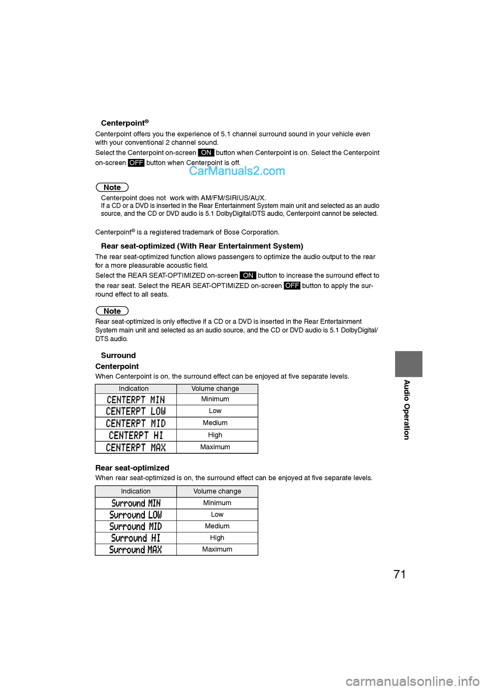 MAZDA MODEL CX-9 2007  Navigation Manual (in English) 71
Audio Operation
nCenterpoint®
Centerpoint offers you the experience of 5.1 channel surround sound in your vehicle even 
with your conventional 2 channel sound.
Select the Centerpoint on-screen   b