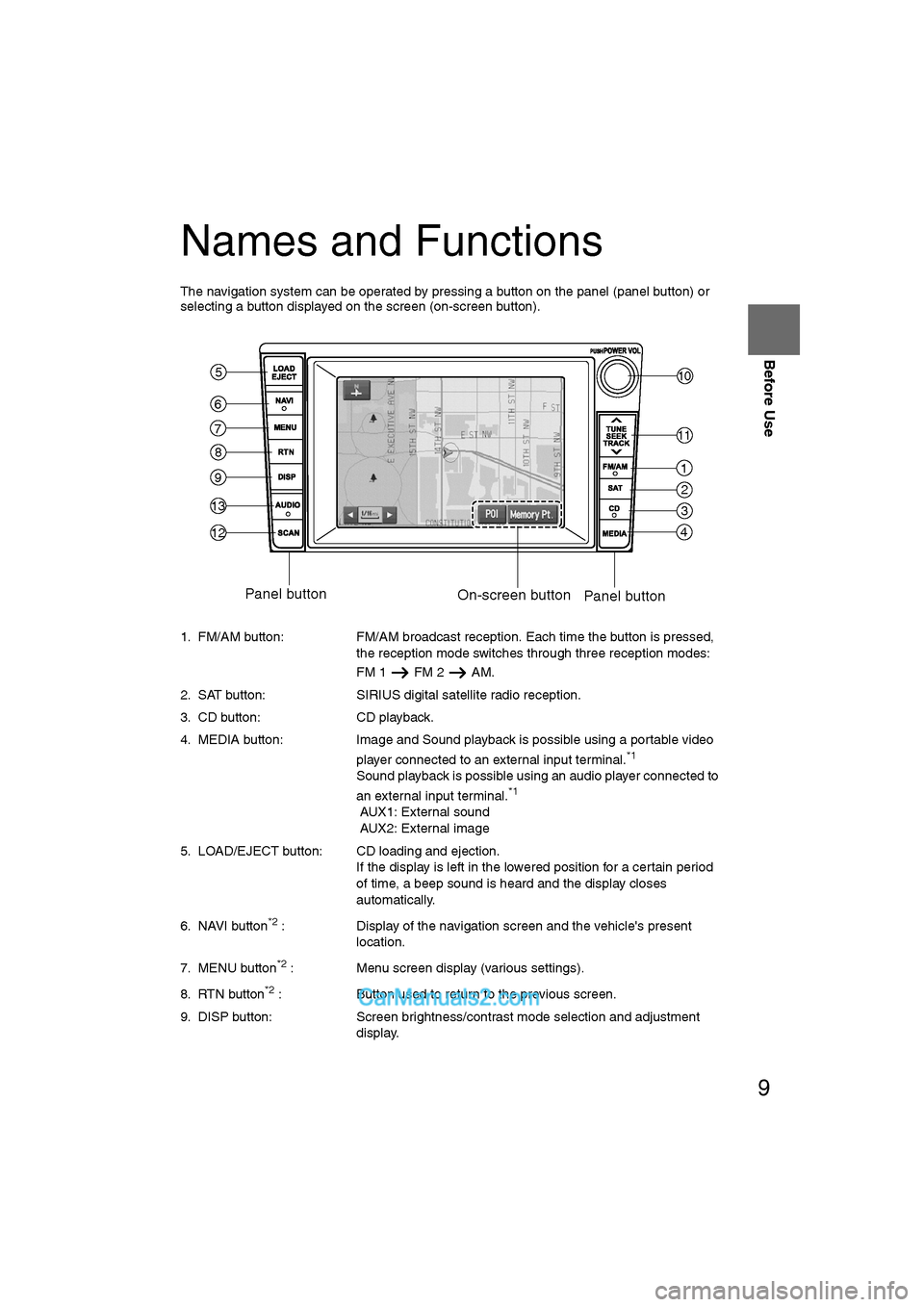 MAZDA MODEL CX-9 2007  Navigation Manual (in English) 9
Before Use
Ifnecessary
Rear View 
Monitor
Names and Functions
The navigation system can be operated by pressing a button on the panel (panel button) or 
selecting a button displayed on the screen (o