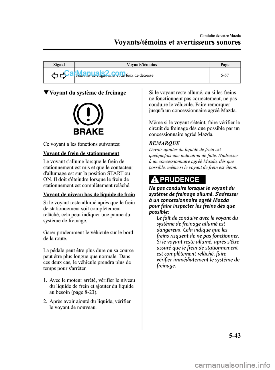 MAZDA MODEL CX-9 2007  Manuel du propriétaire (in French) Black plate (219,1)
Signal Voyants/témoins Page
Témoins de clignotants et de feux de détresse 5-57
qVoyant du système de freinage
Ce voyant a les fonctions suivantes:
Voyant de frein de stationnem