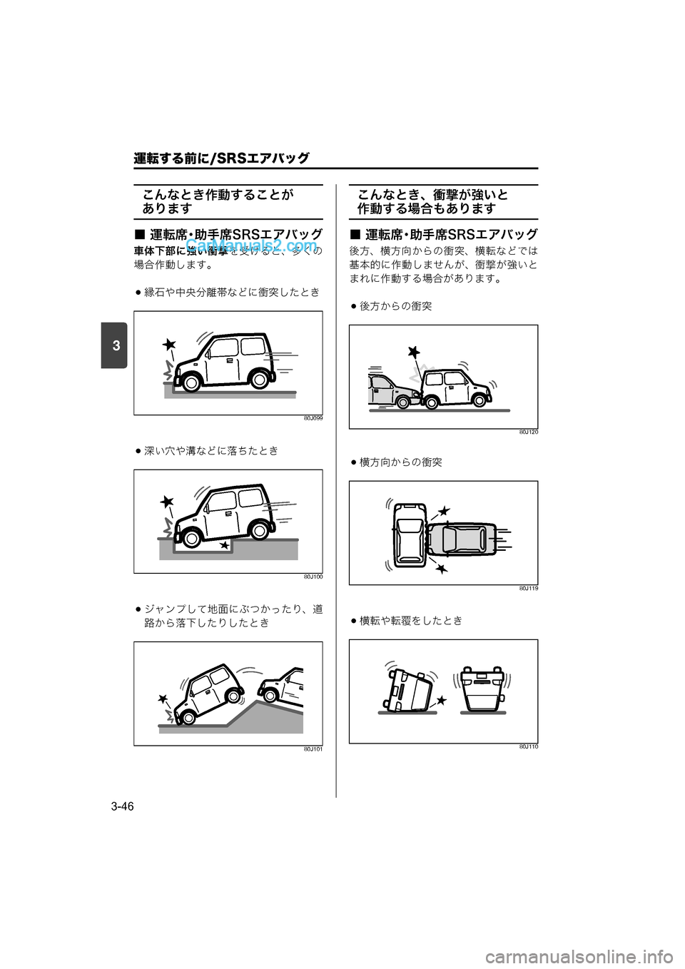 MAZDA MODEL CARROL 2015  取扱説明書 (キャロル) (in Japanese) 運転する前に/SRSエアバッグ
3-46
3
こんなとき作動することが
あります
■ 運転席・助手席SRSエアバッグ
車体下部に強い衝撃を受けると、多くの
場合