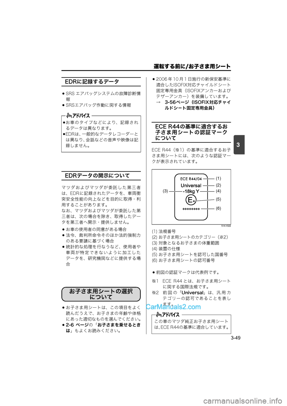 MAZDA MODEL CARROL 2015  取扱説明書 (キャロル) (in Japanese) 運転する前に/お子さま用シート
3-49
3
EDRに記録するデータ
SRS エアバッグシステムの故障診断情報
SRSエアバッグ作動に関する情報
EDRデータの開