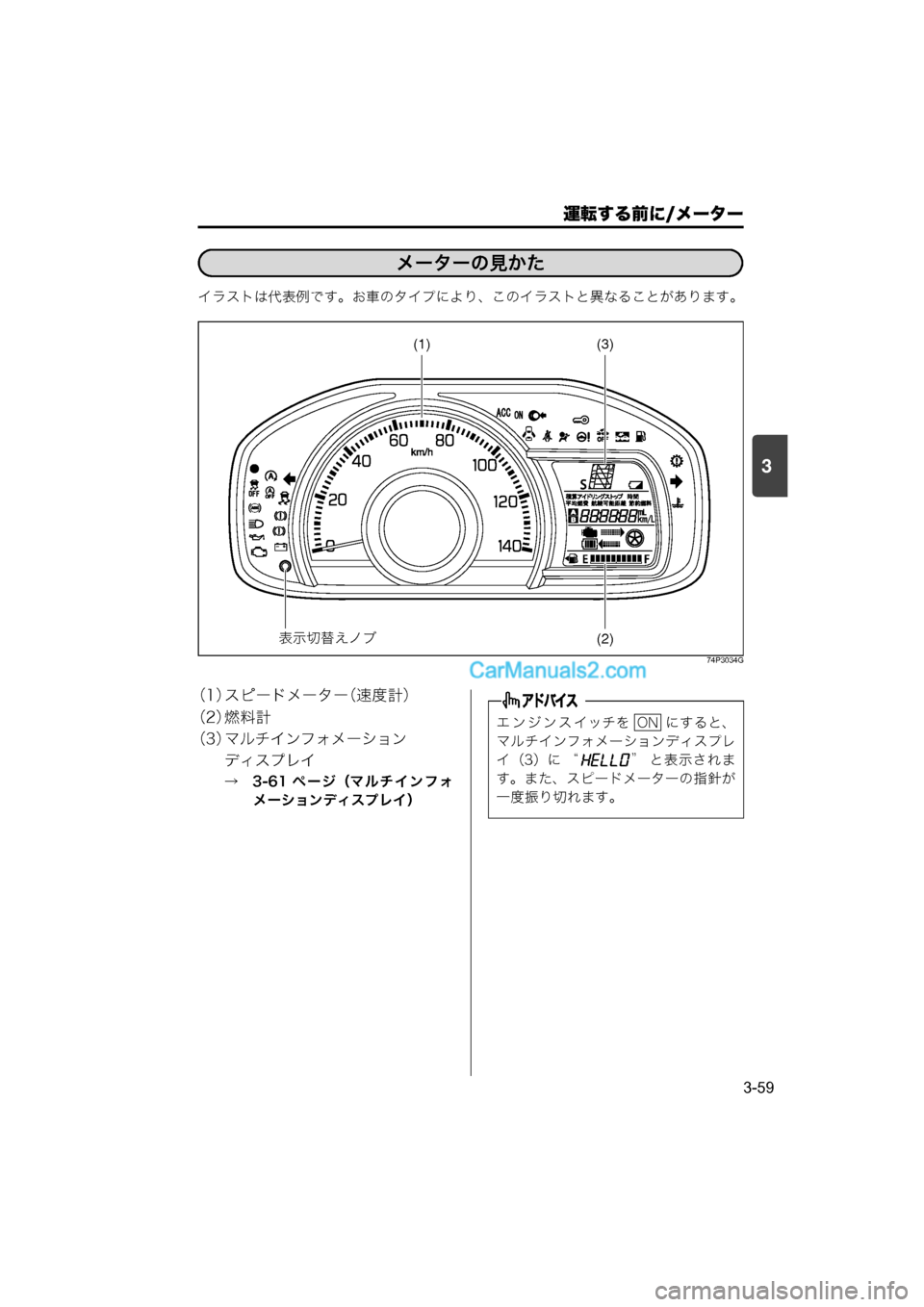 MAZDA MODEL CARROL 2015  取扱説明書 (キャロル) (in Japanese) 運転する前に/メーター
3-59
3
イラストは代表例です。お車のタイプにより、このイラストと異なることがあります。
74P3034G
（1）スピードメーター（